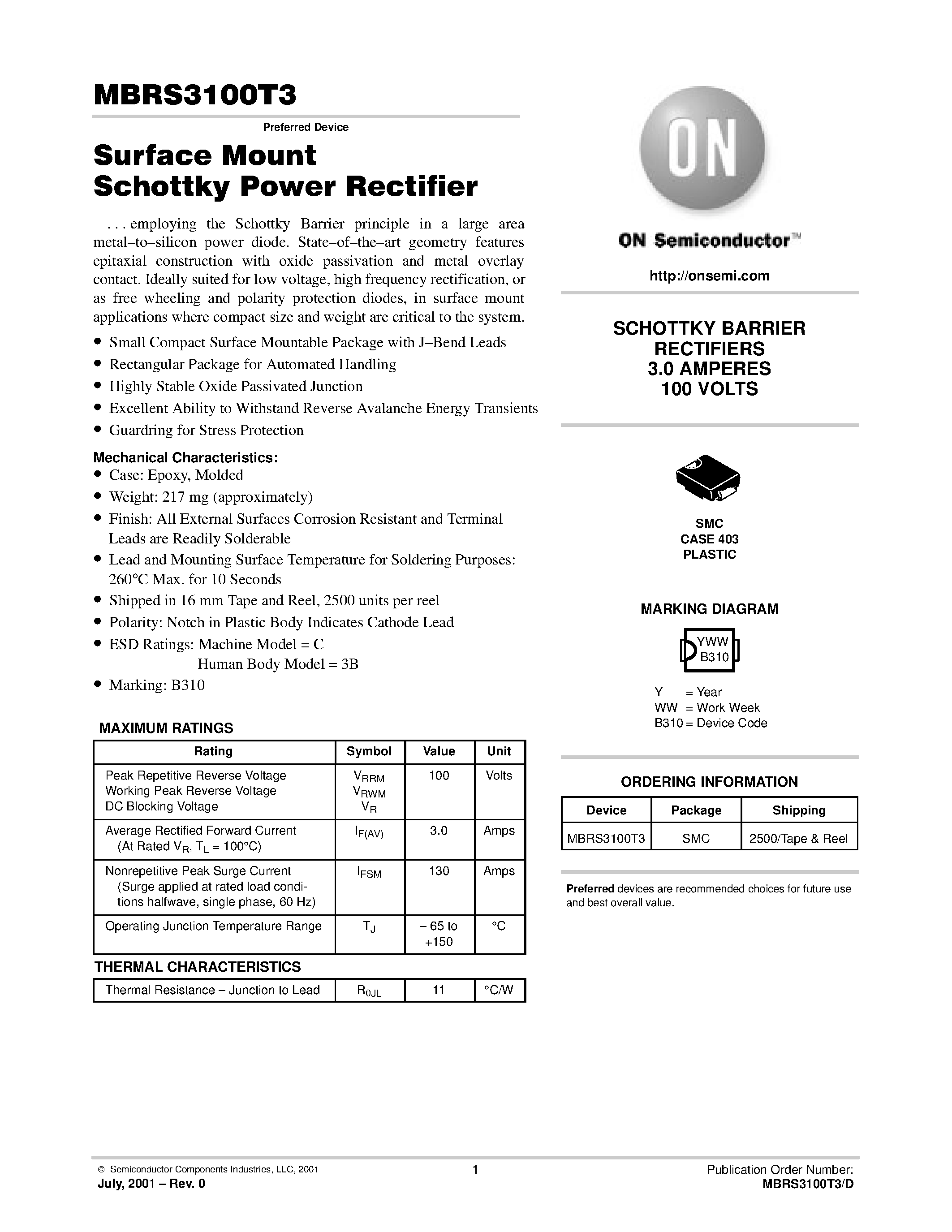 Даташит MBRS3100T3D - Surface Mount Schottky Power Rectifier страница 1