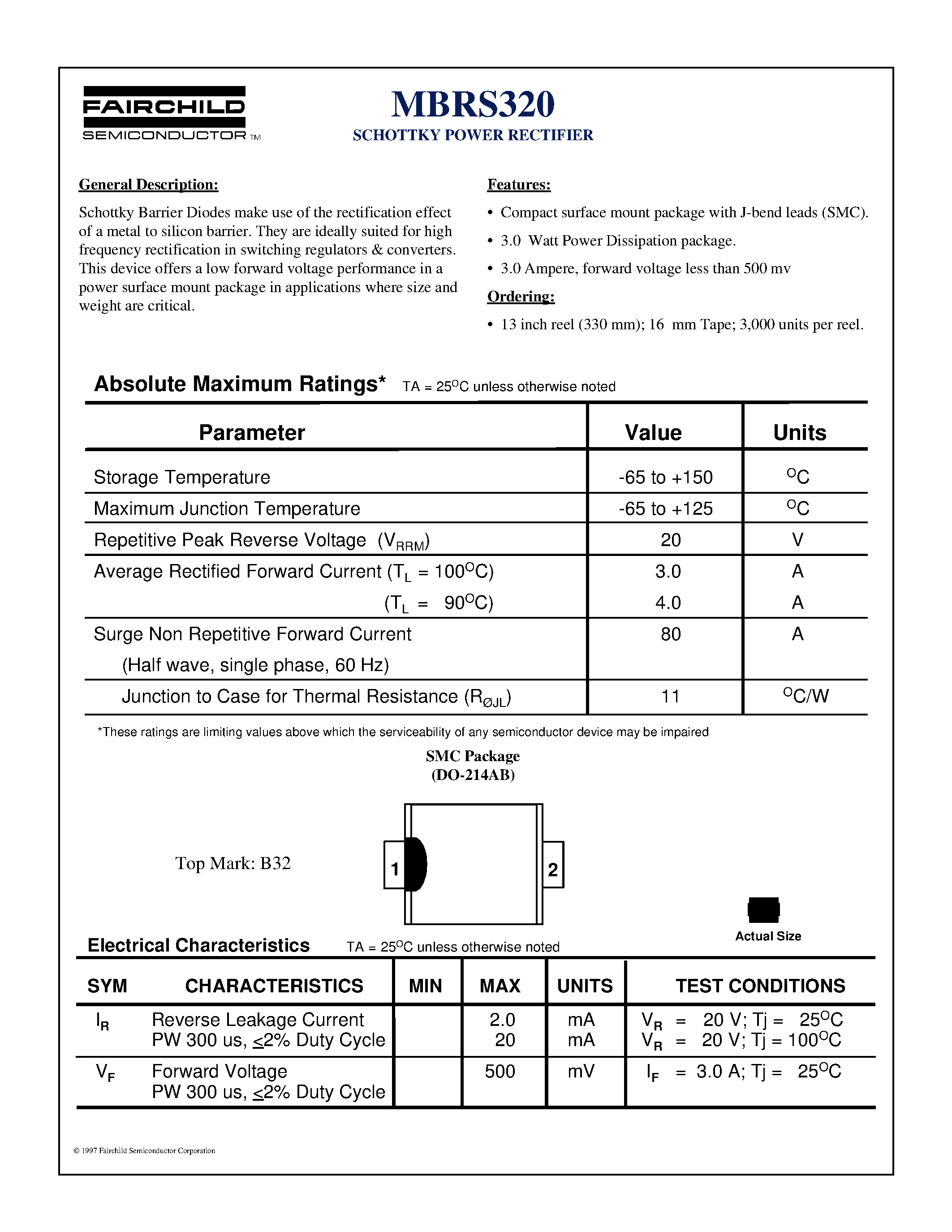 Даташит MBRS320 - SCHOTTKY POWER RECTIFIER страница 1