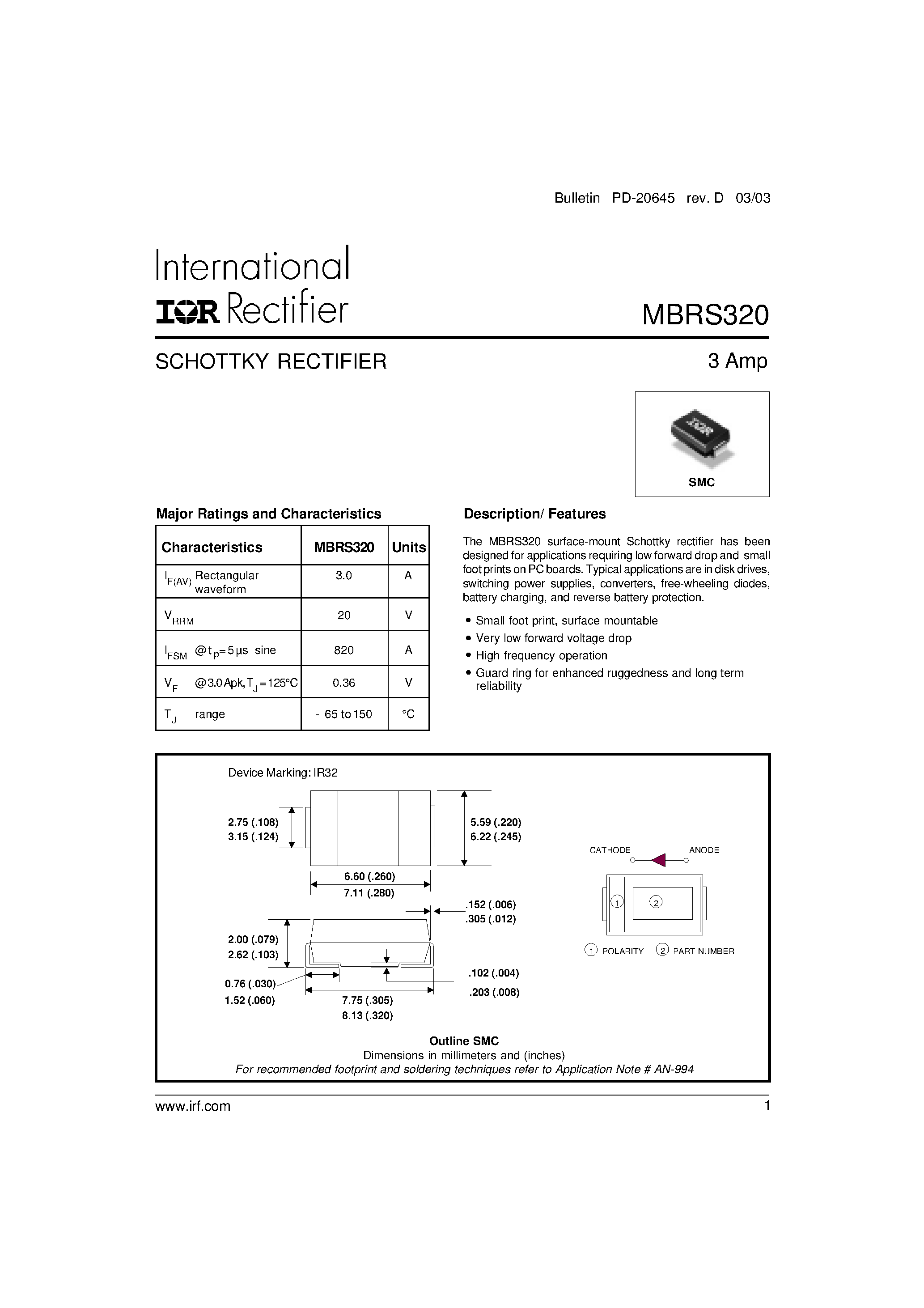 Datasheet MBRS320 page 1 Datasheet MBRS320 - SCHOTTKY RECTIFIER page 1