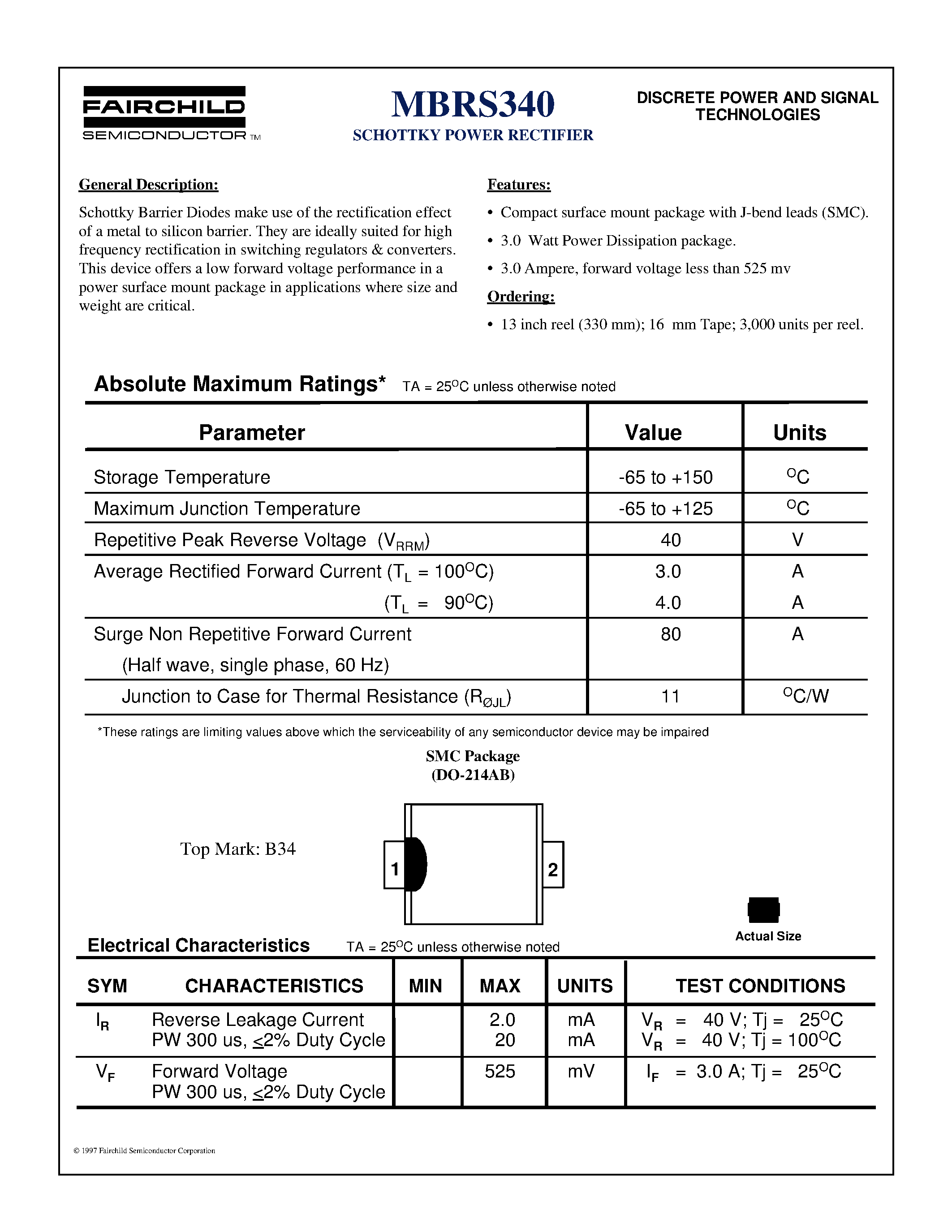 Даташит MBRS340 - SCHOTTKY POWER RECTIFIER страница 1