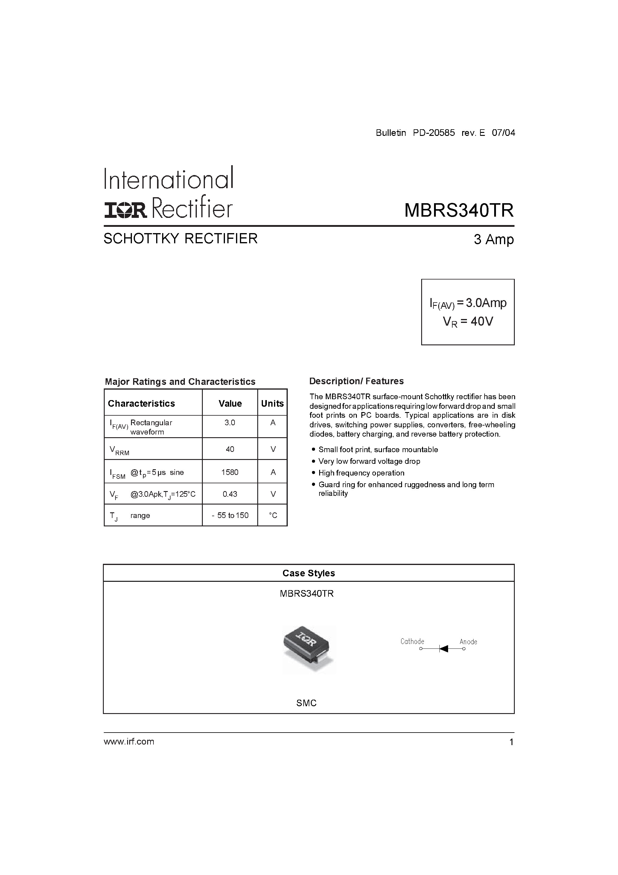Datasheet MBRS340TR - SCHOTTKY RECTIFIER page 1