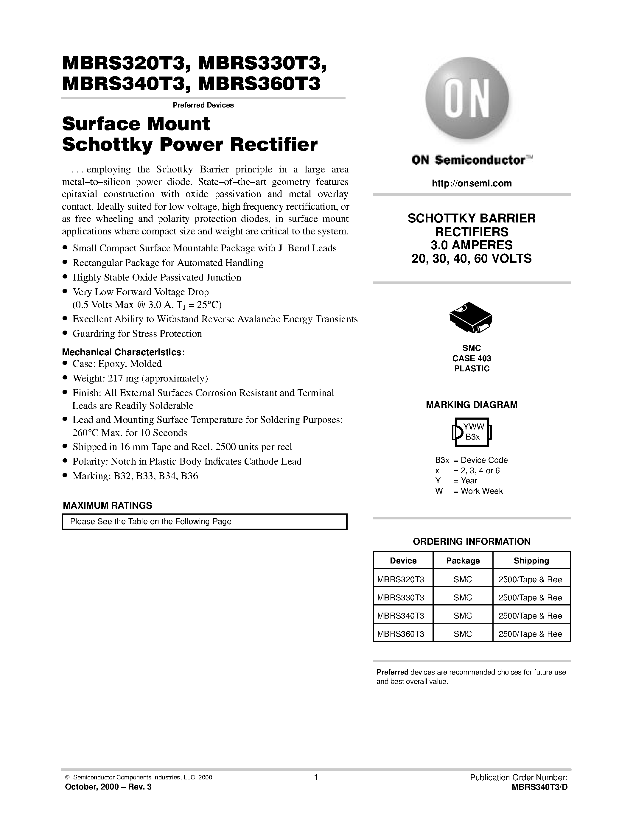 Datasheet MBRS360T3 page 1 Datasheet MBRS360T3 - SCHOTTKY BARRIER RECTIFIERS page 1