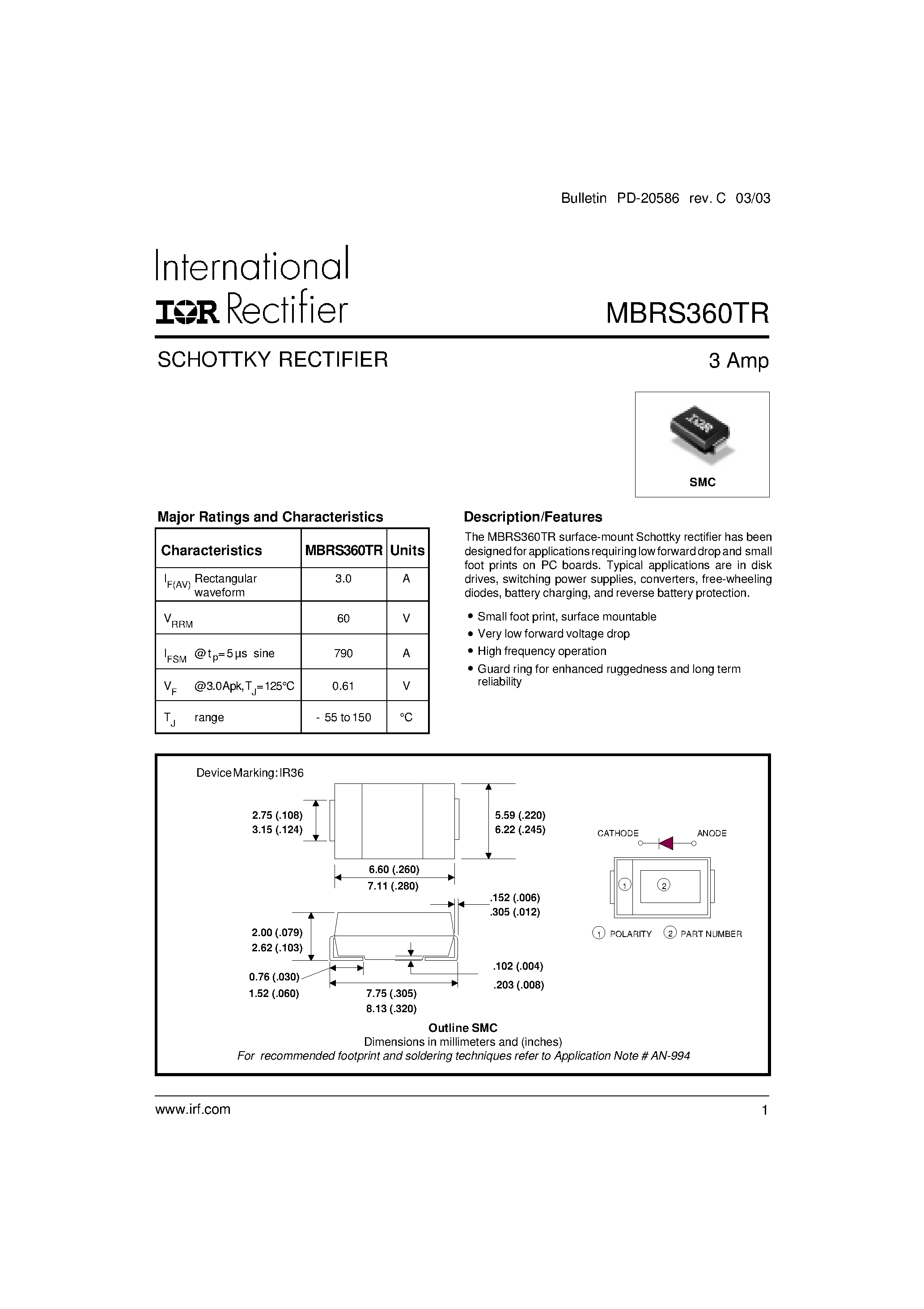 Datasheet MBRS360TR - SCHOTTKY RECTIFIER 3 Amp page 1
