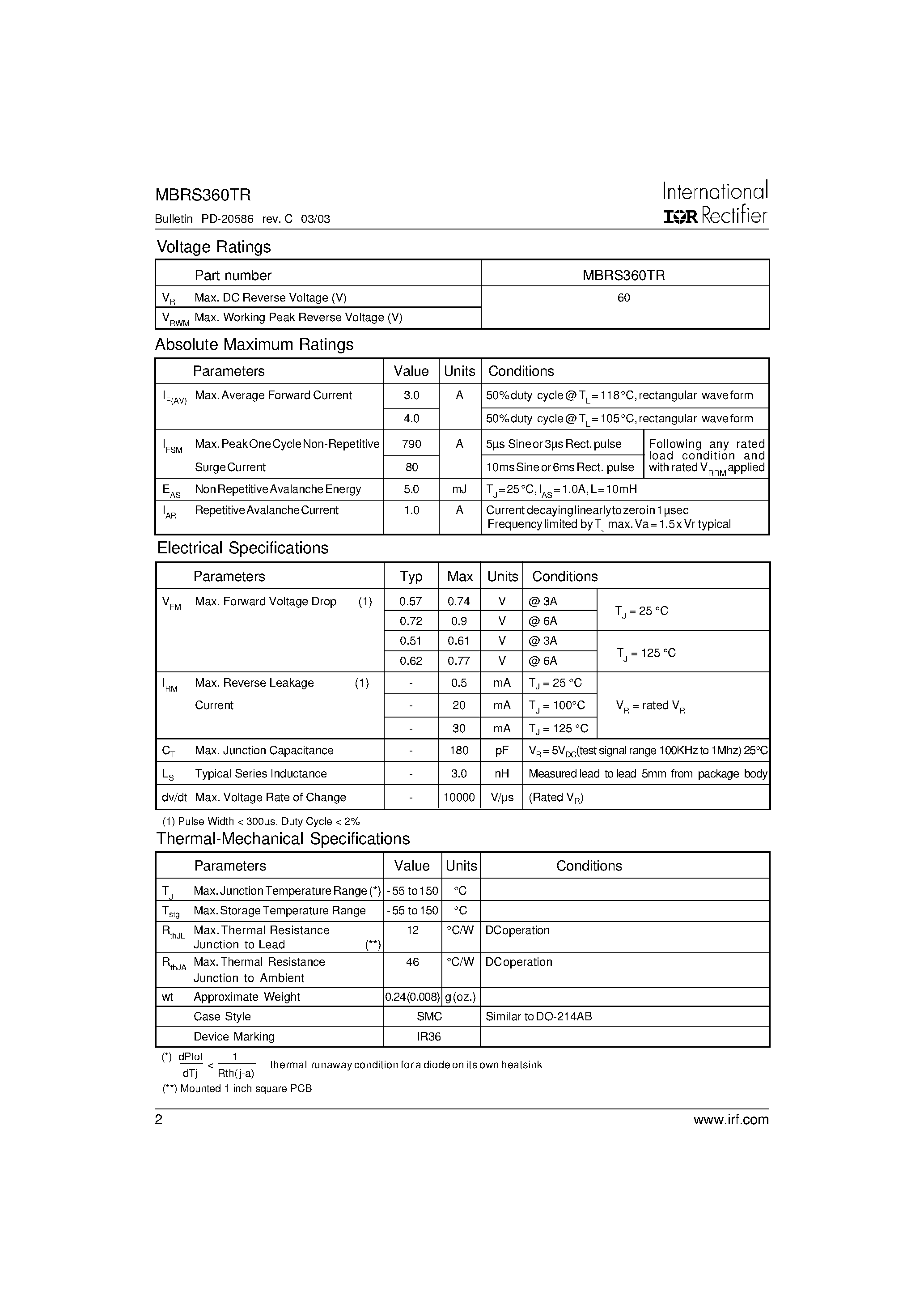 Datasheet MBRS360TR - SCHOTTKY RECTIFIER 3 Amp page 2