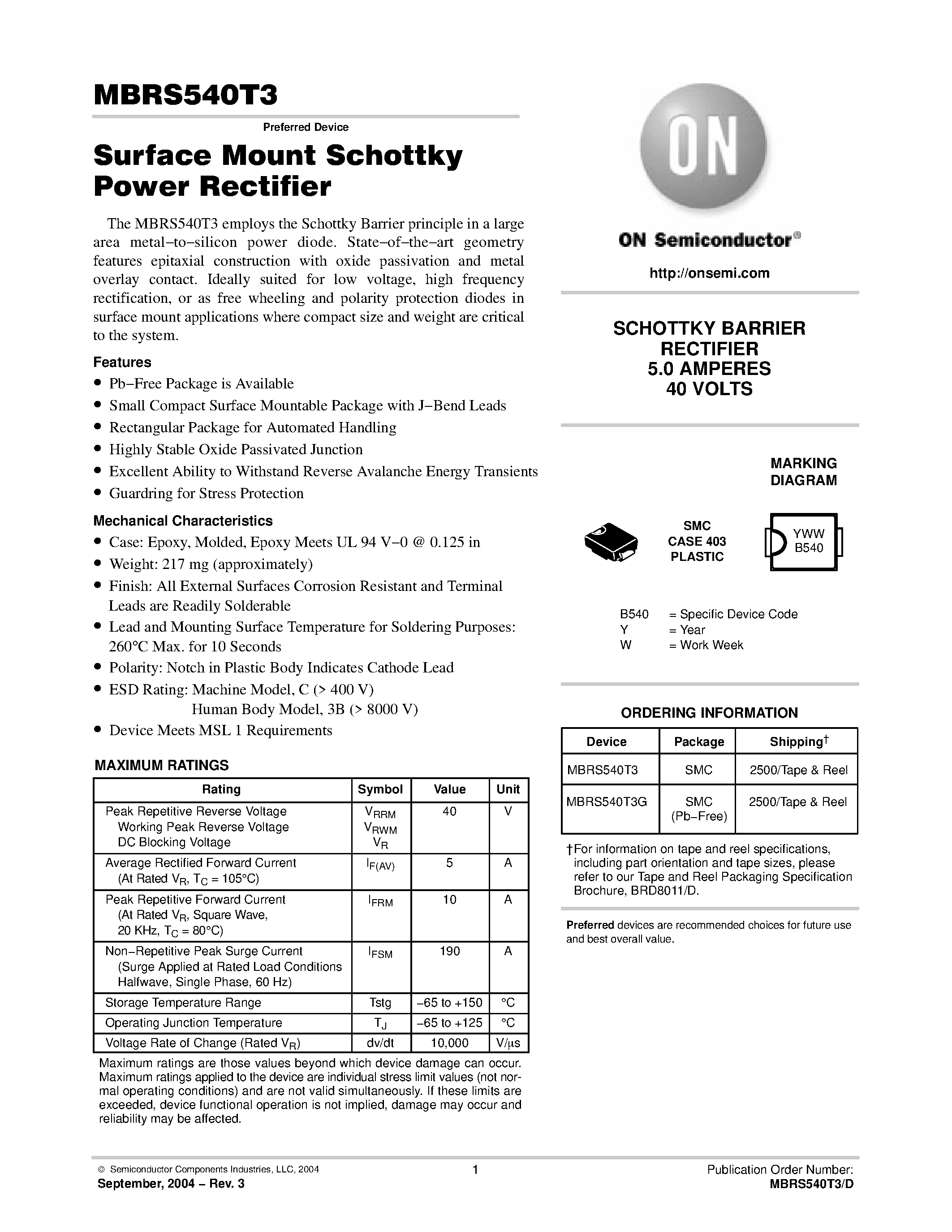 Даташит MBRS540T3G - SCHOTTKY BARRIER RECTIFIER 5.0 AMPERES 40 VOLTS страница 1