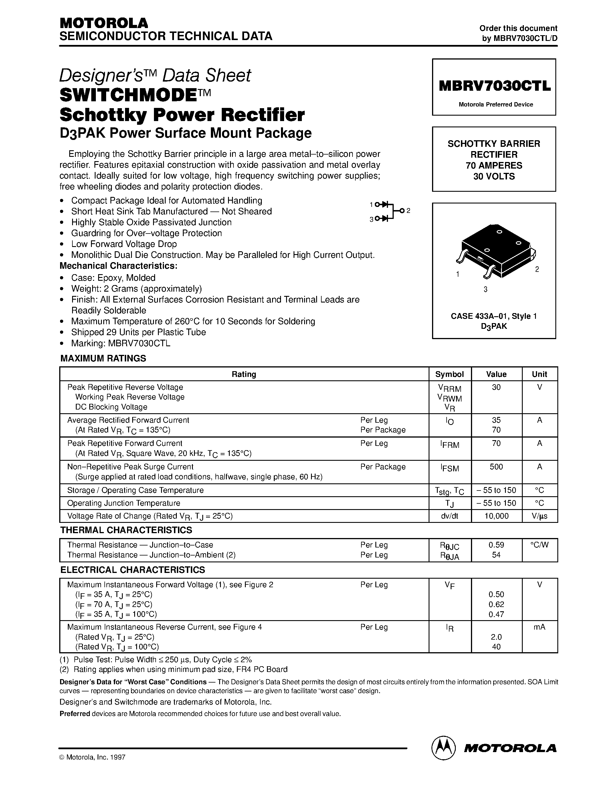 Даташит MBRV7030CTL - SWIRCHMODE Schottky Power Rectifier(D3PAK Power Surface Mount Pakage) страница 1