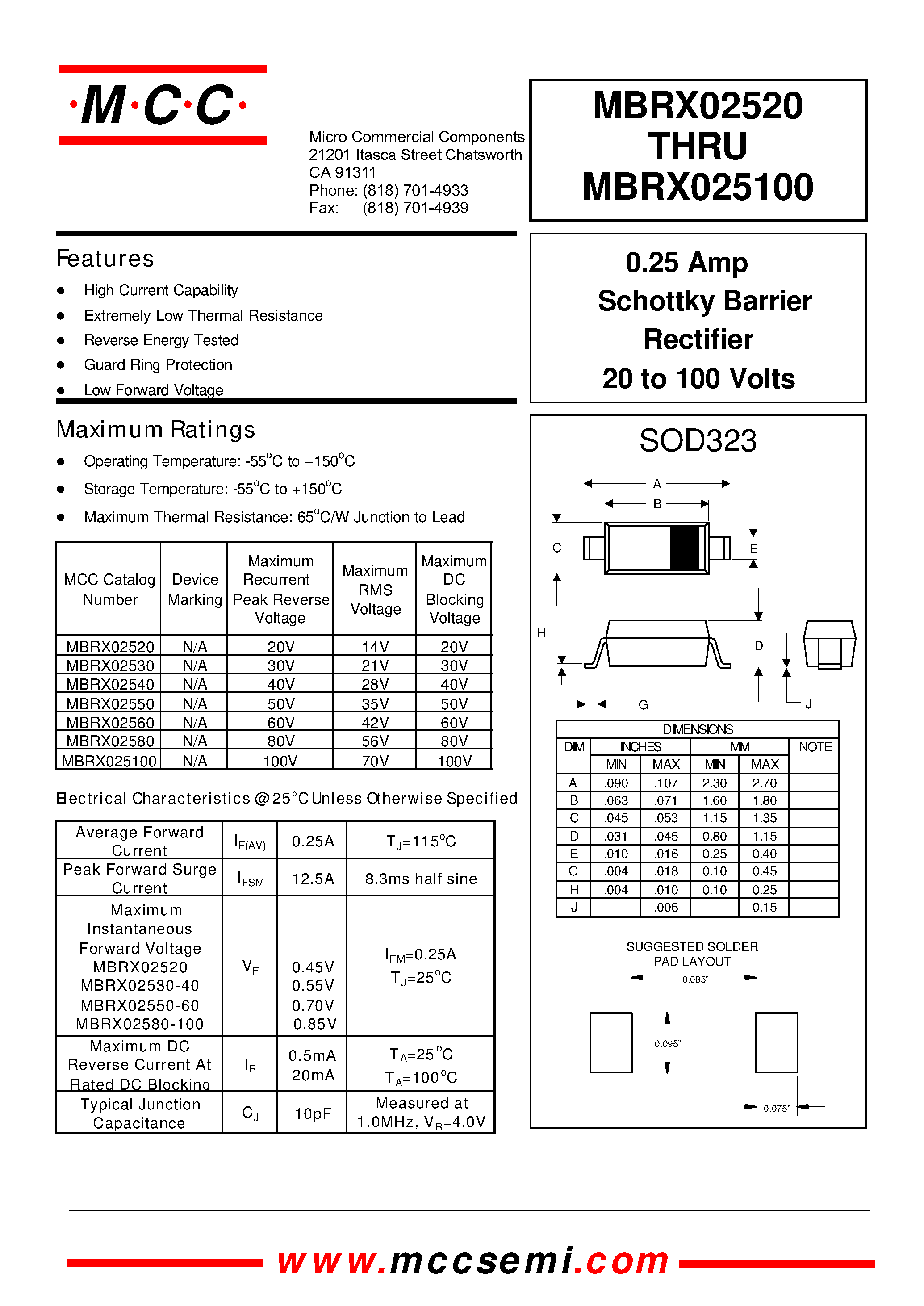 Даташит MBRX02540 - 0.25 Amp Schottky Barrier Rectifier 20 to 100 Volts страница 1