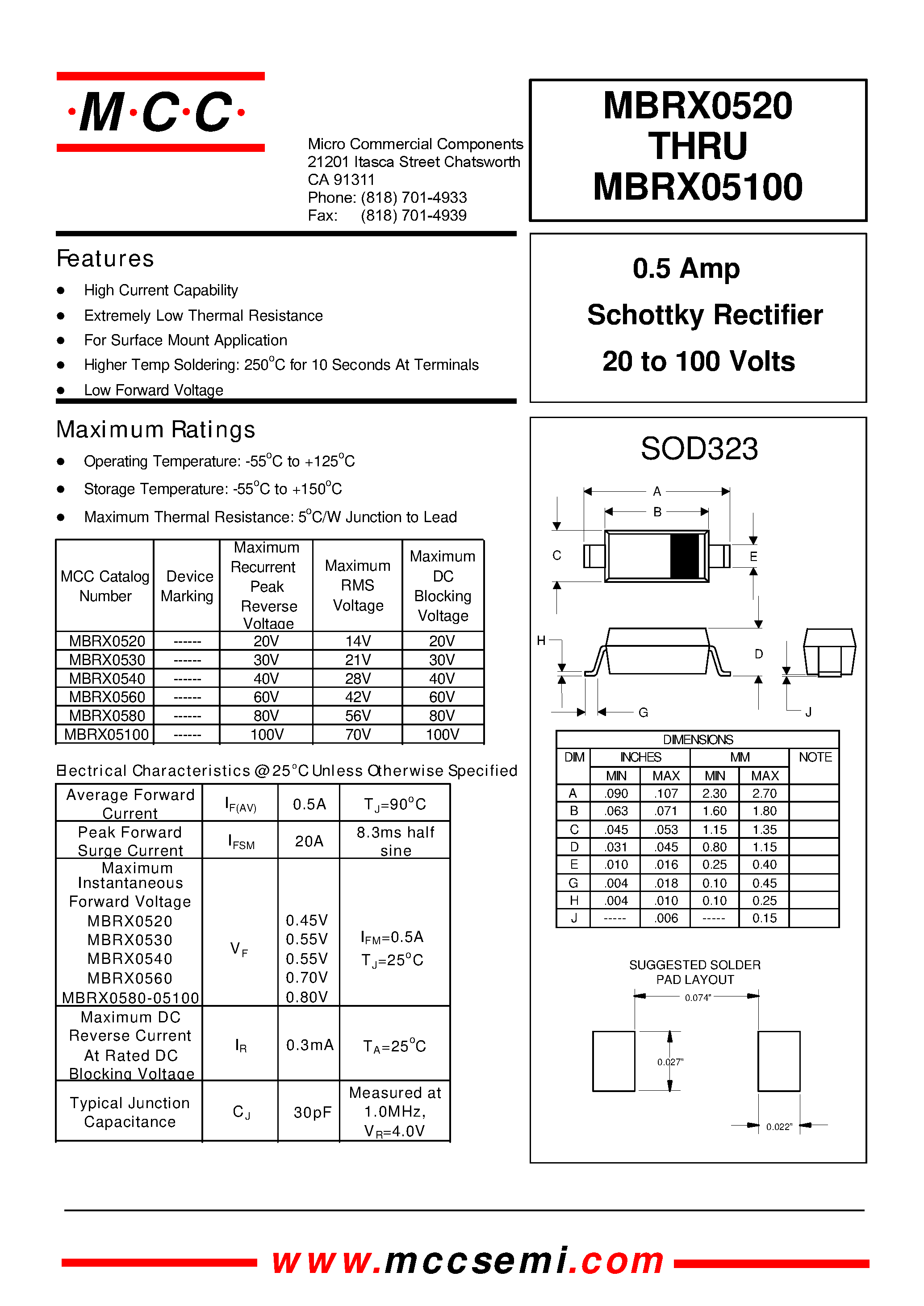 Даташит MBRX0520 - 0.5 Amp Schottky Rectifier 20 to 100 Volts страница 1