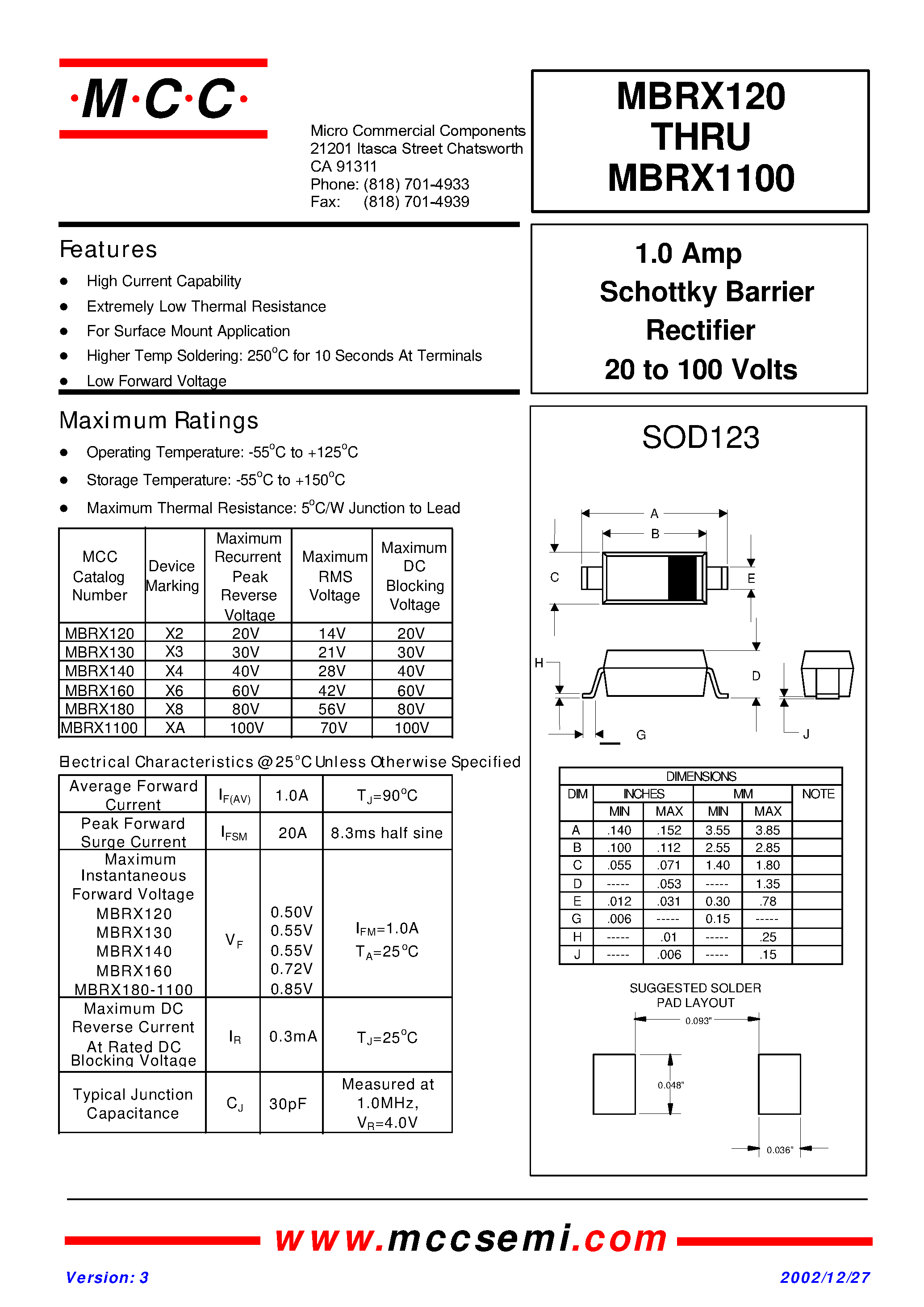 Datasheet MBRX180 - 1.0 Amp Schottky Barrier Rectifier 20 to 100 Volts page 1