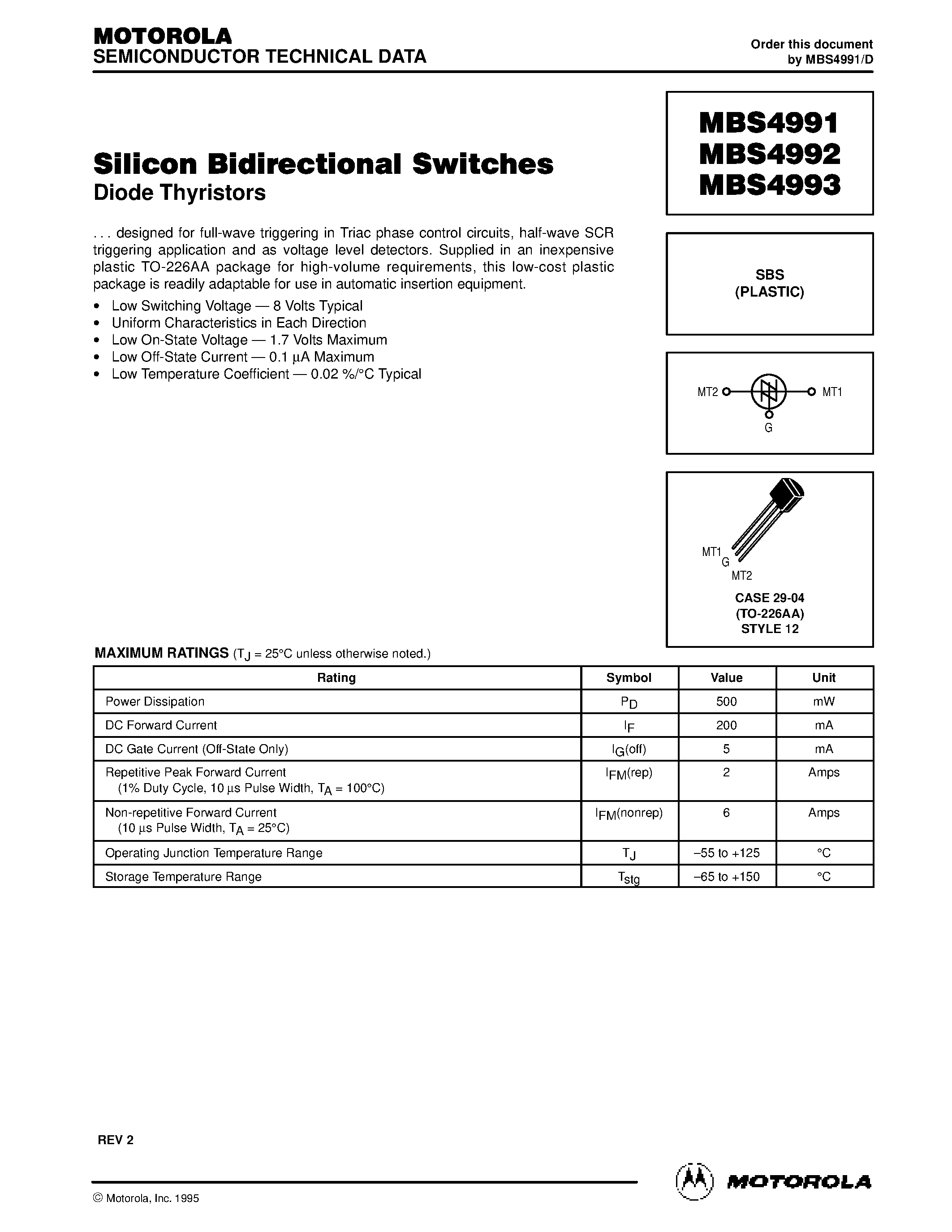 Даташит на микросхему MBS4992 страница 1 Даташит MBS4992 - Silicon Bidirectional Switches(Diode Thyristors) страница 1
