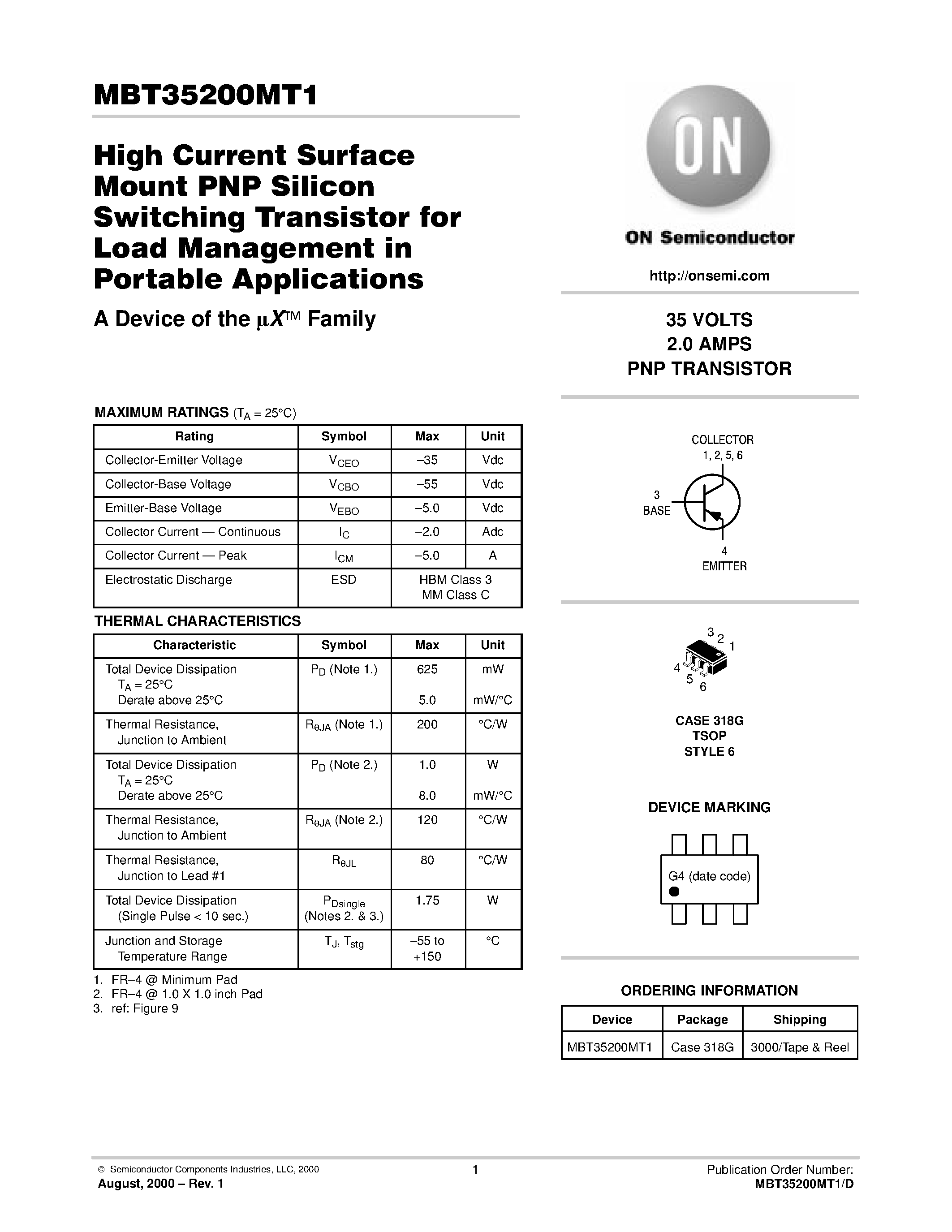 Datasheet MBT35200 page 1 Datasheet MBT35200 - High Current Surface Mount PNP Silicon Switching Transistor for Load Management in Portable Applications page 1