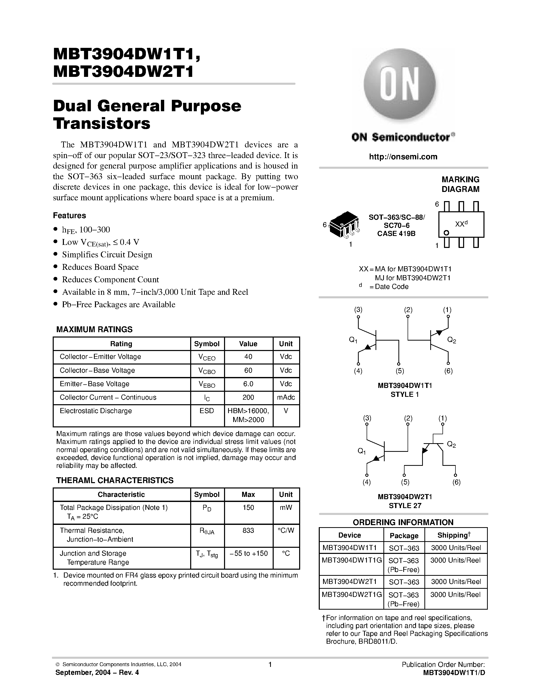 Даташит на микросхему MBT3904DW1T1G страница 1 Даташит MBT3904DW1T1G - Dual General Purpose Transistors страница 1