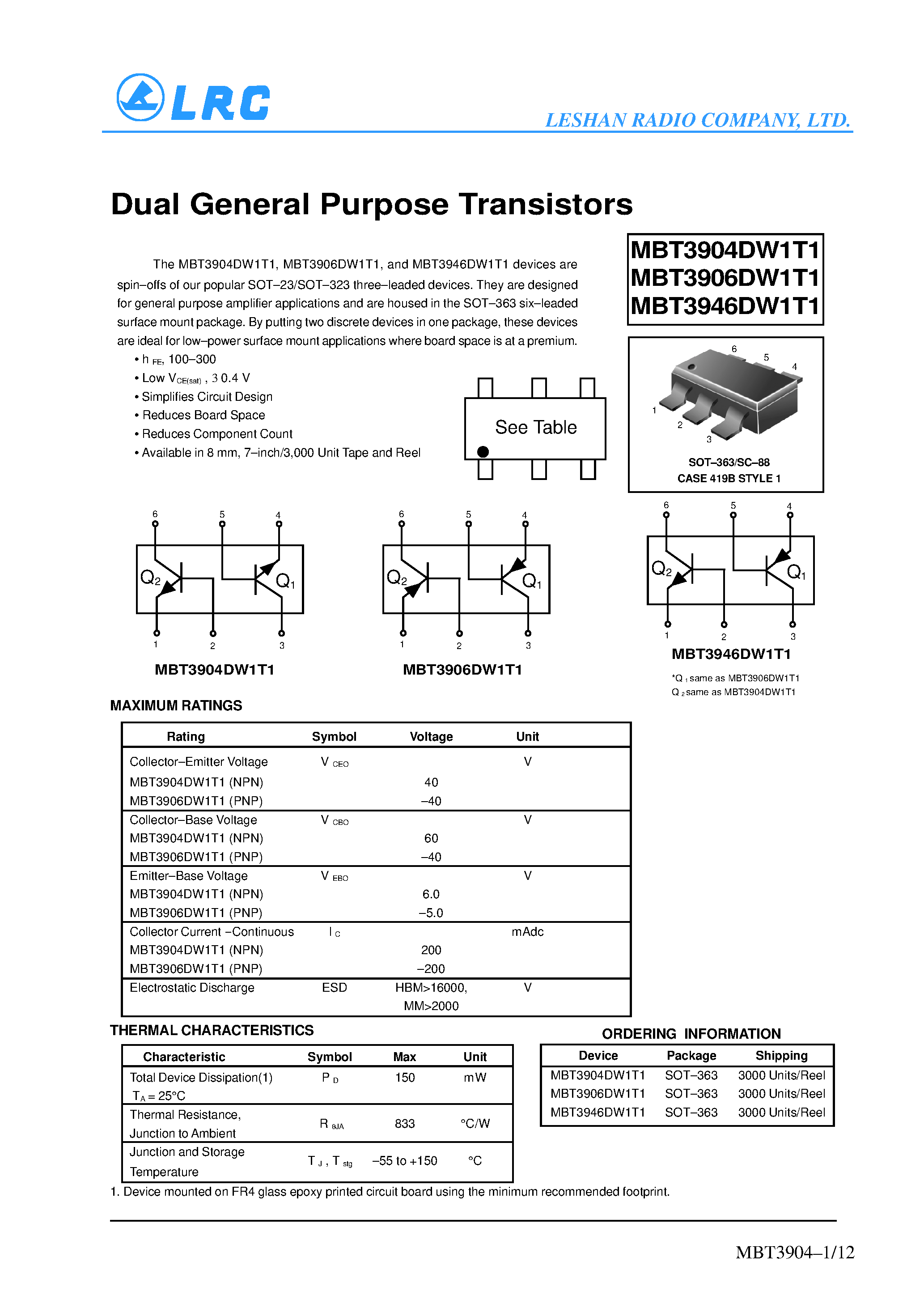 Даташит на микросхему MBT3946DW1T1 страница 1 Даташит MBT3946DW1T1 - Dual General Purpose Transistors страница 1