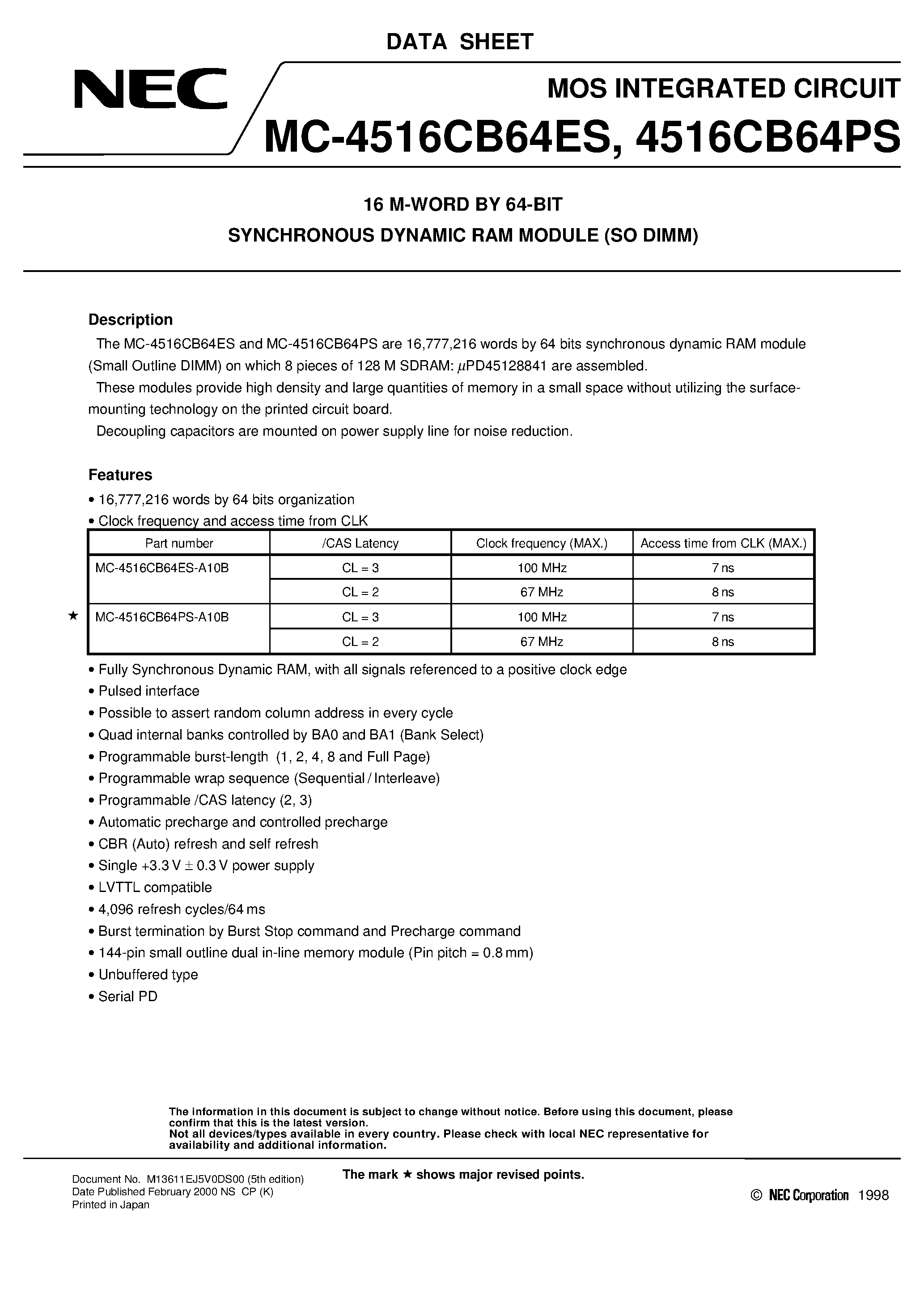 Datasheet MC-4516CB64PS - 16 M-WORD BY 64-BIT SYNCHRONOUS DYNAMIC RAM MODULE SO DIMM page 1