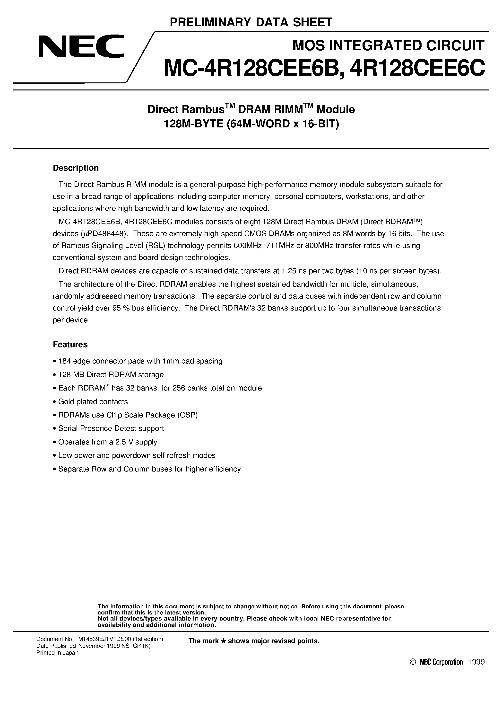 Datasheet MC-4R128CEE6B - Direct Rambus DRAM RIMM Module 128M-BYTE 64M-WORD x 16-BIT page 1