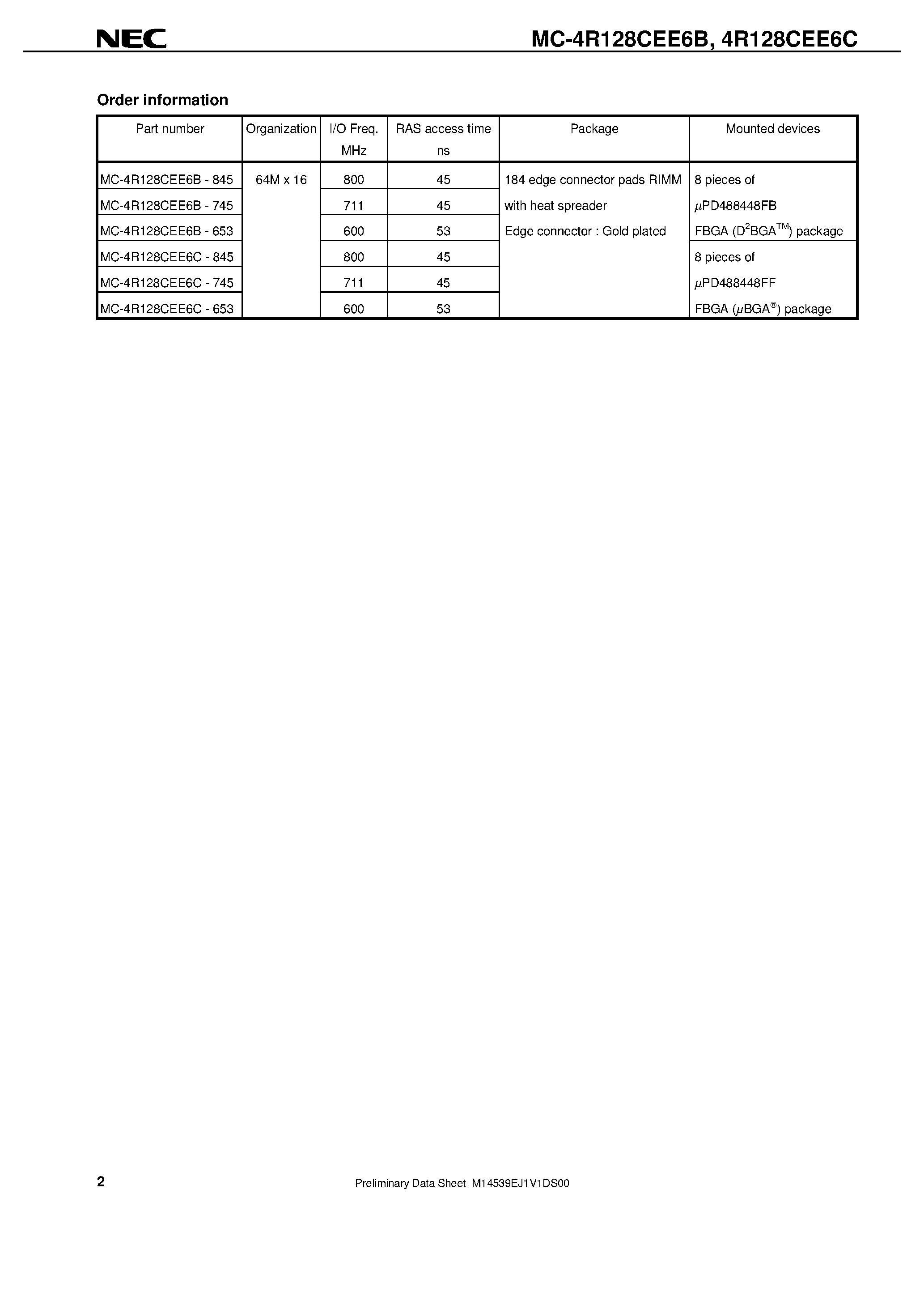 Datasheet MC-4R128CEE6B - Direct Rambus DRAM RIMM Module 128M-BYTE 64M-WORD x 16-BIT page 2