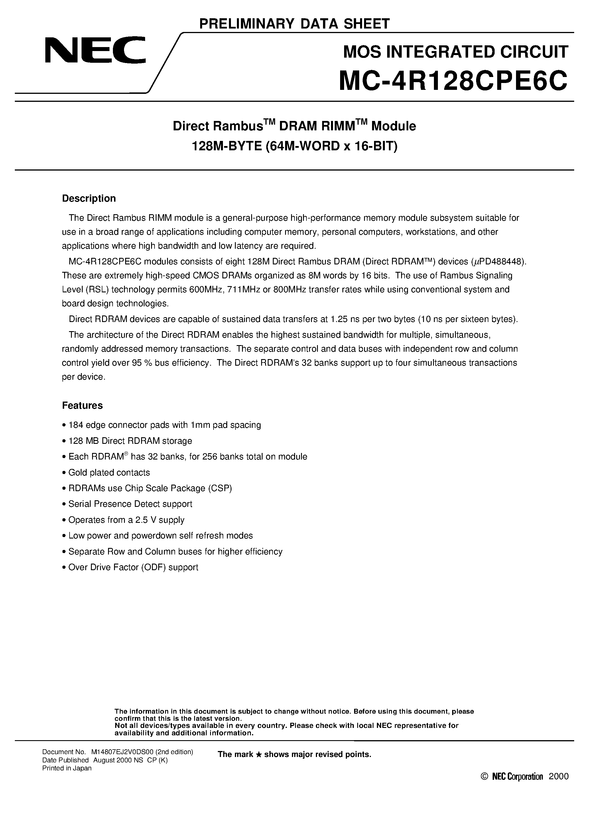 Datasheet MC-4R128CPE6C - Direct Rambus DRAM RIMM Module 128M-BYTE 64M-WORD x 16-BIT page 1