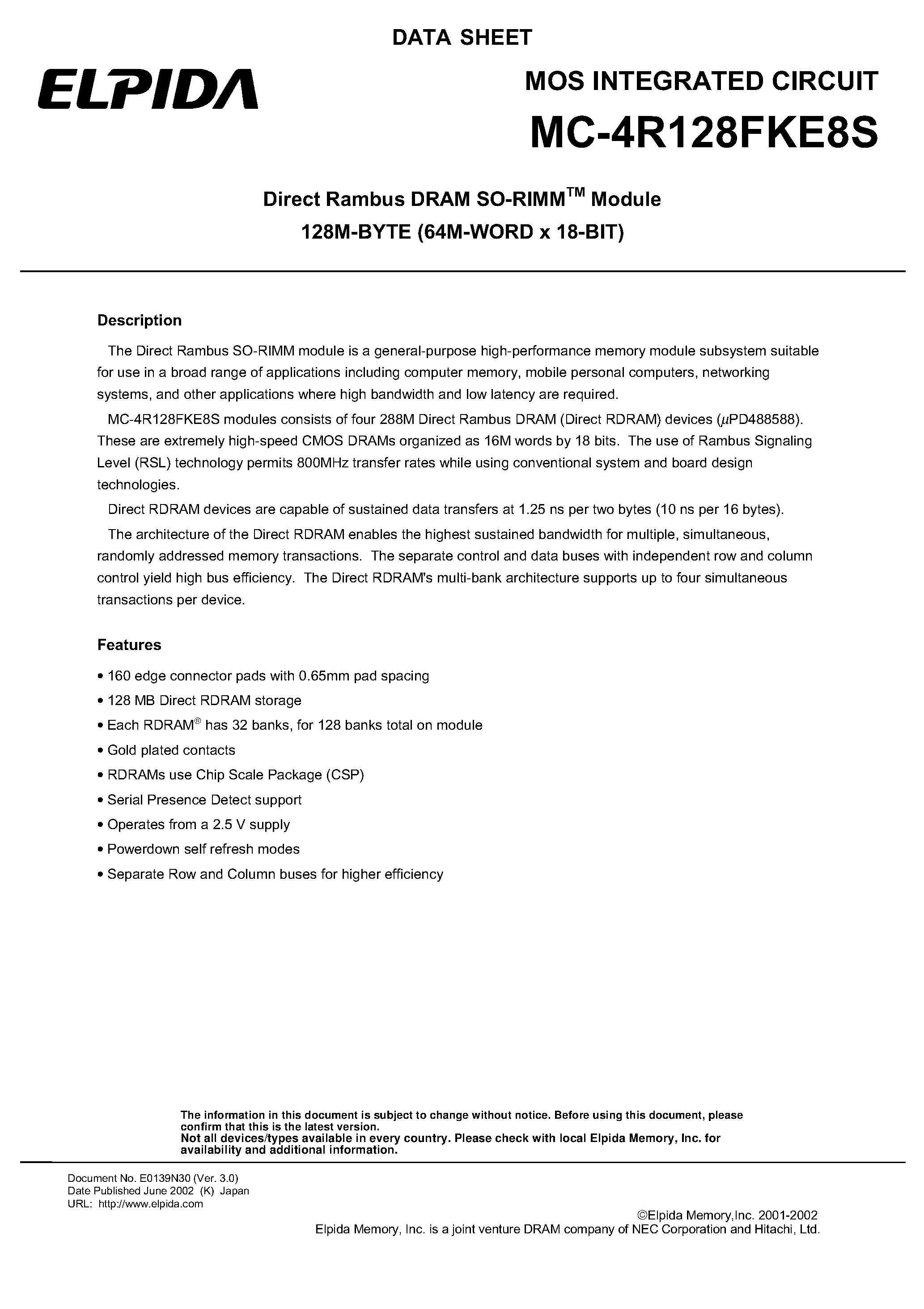 Datasheet MC-4R128FKE8S - Direct Rambus DRAM SO-RIMM Module 128M-BYTE (64M-WORD x 18-BIT) page 1