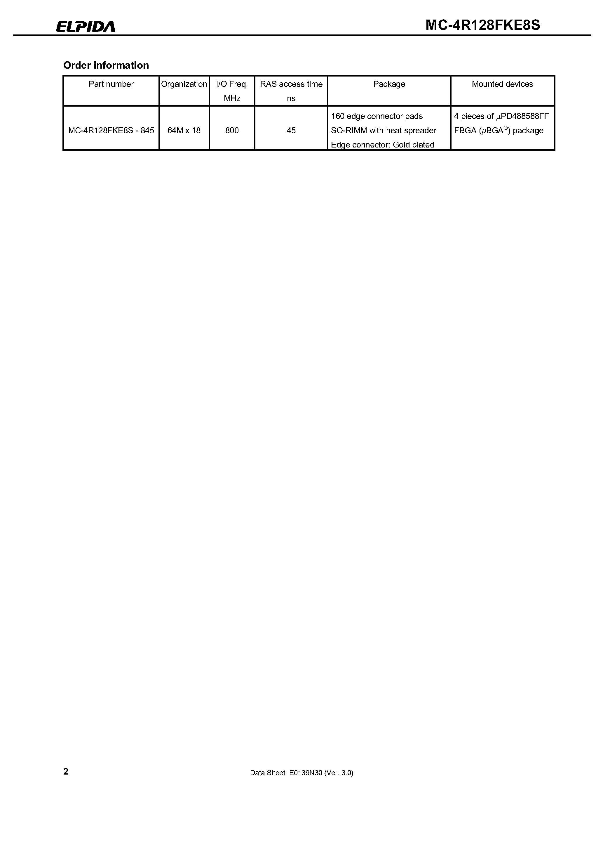 Datasheet MC-4R128FKE8S - Direct Rambus DRAM SO-RIMM Module 128M-BYTE (64M-WORD x 18-BIT) page 2