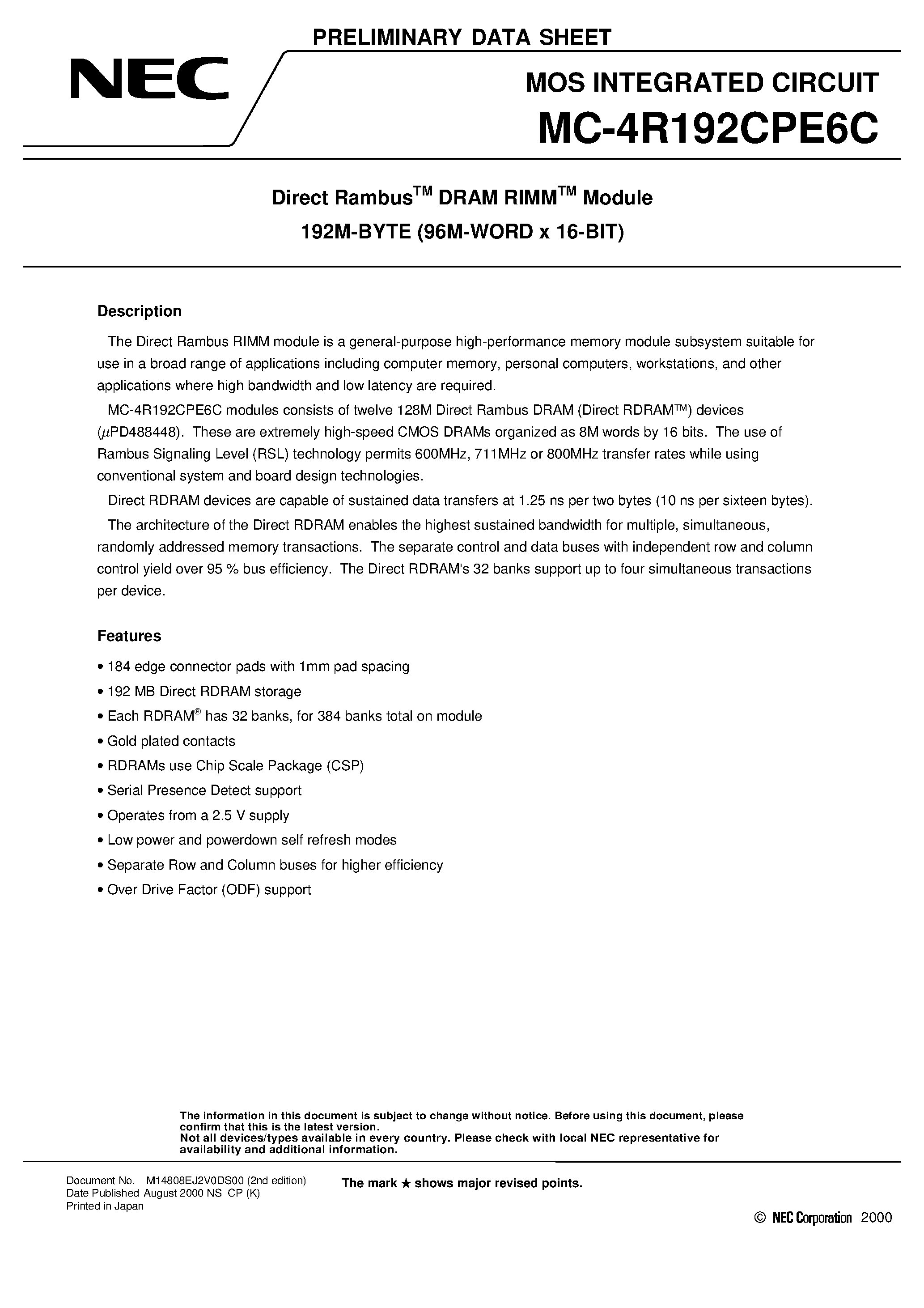 Datasheet MC-4R192CPE6C - Direct Rambus DRAM RIMM Module 192M-BYTE 96M-WORD x 16-BIT page 1