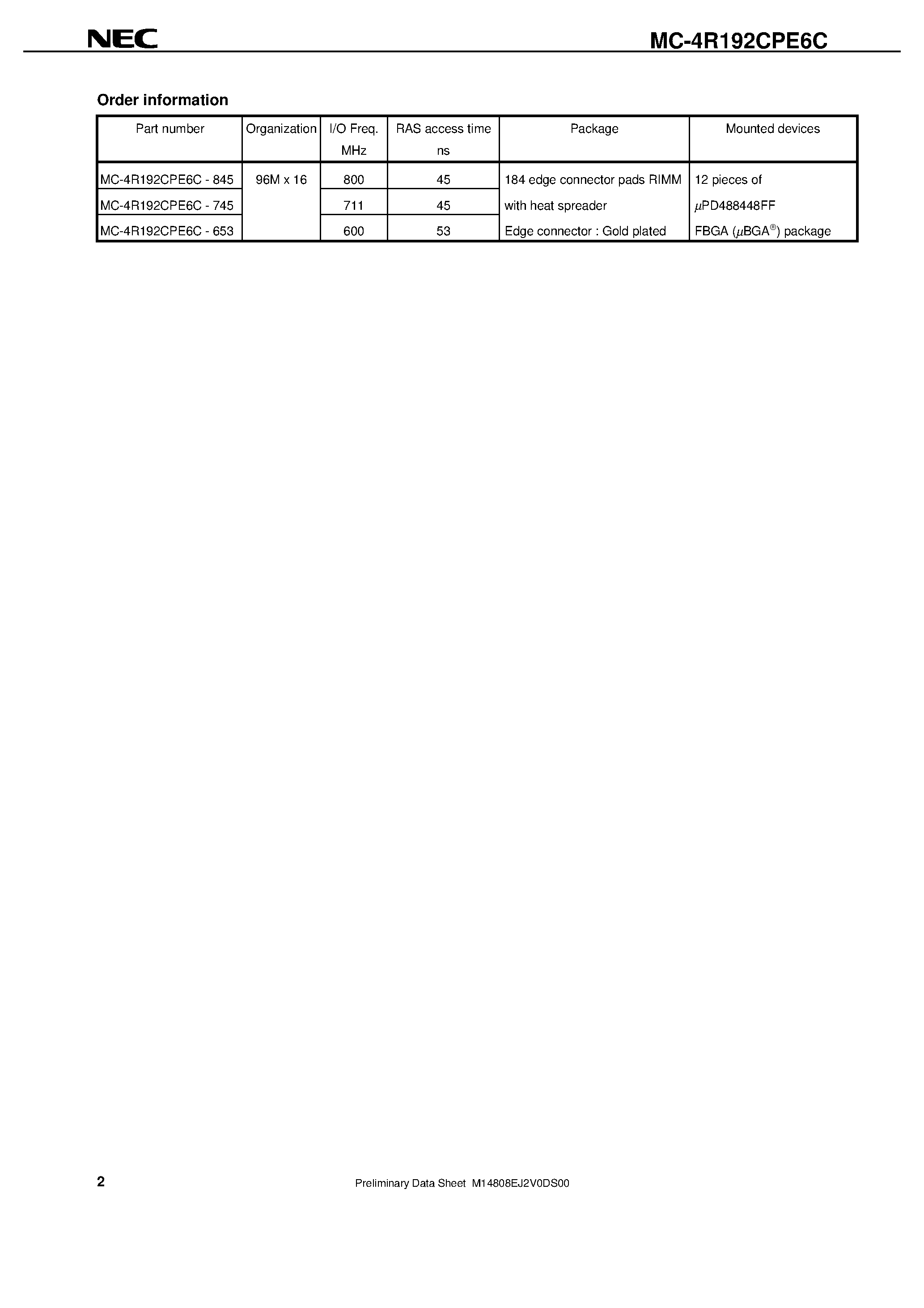 Datasheet MC-4R192CPE6C - Direct Rambus DRAM RIMM Module 192M-BYTE 96M-WORD x 16-BIT page 2