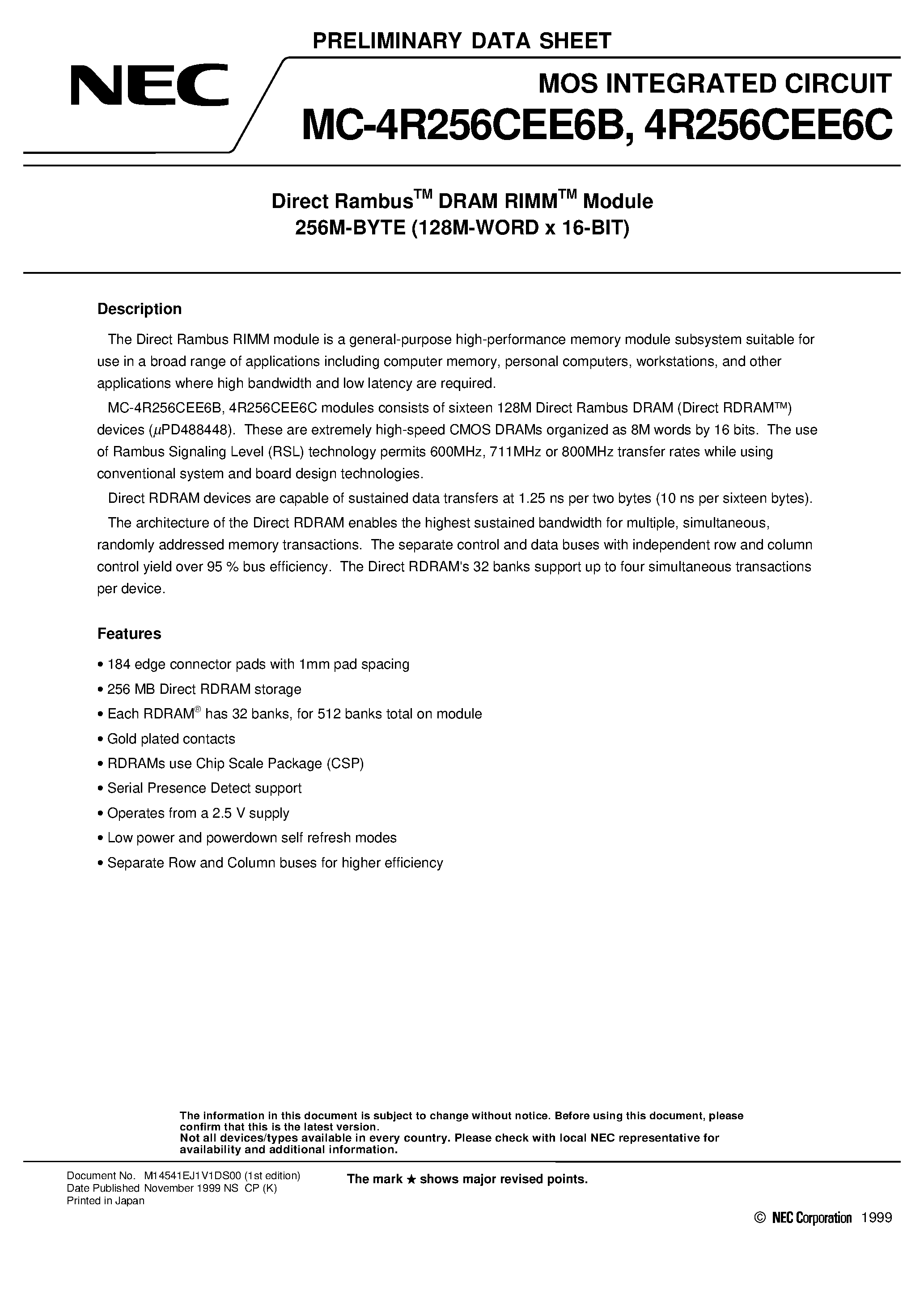 Datasheet MC-4R256CEE6C - Direct Rambus DRAM RIMM Module 256M-BYTE 128M-WORD x 16-BIT page 1