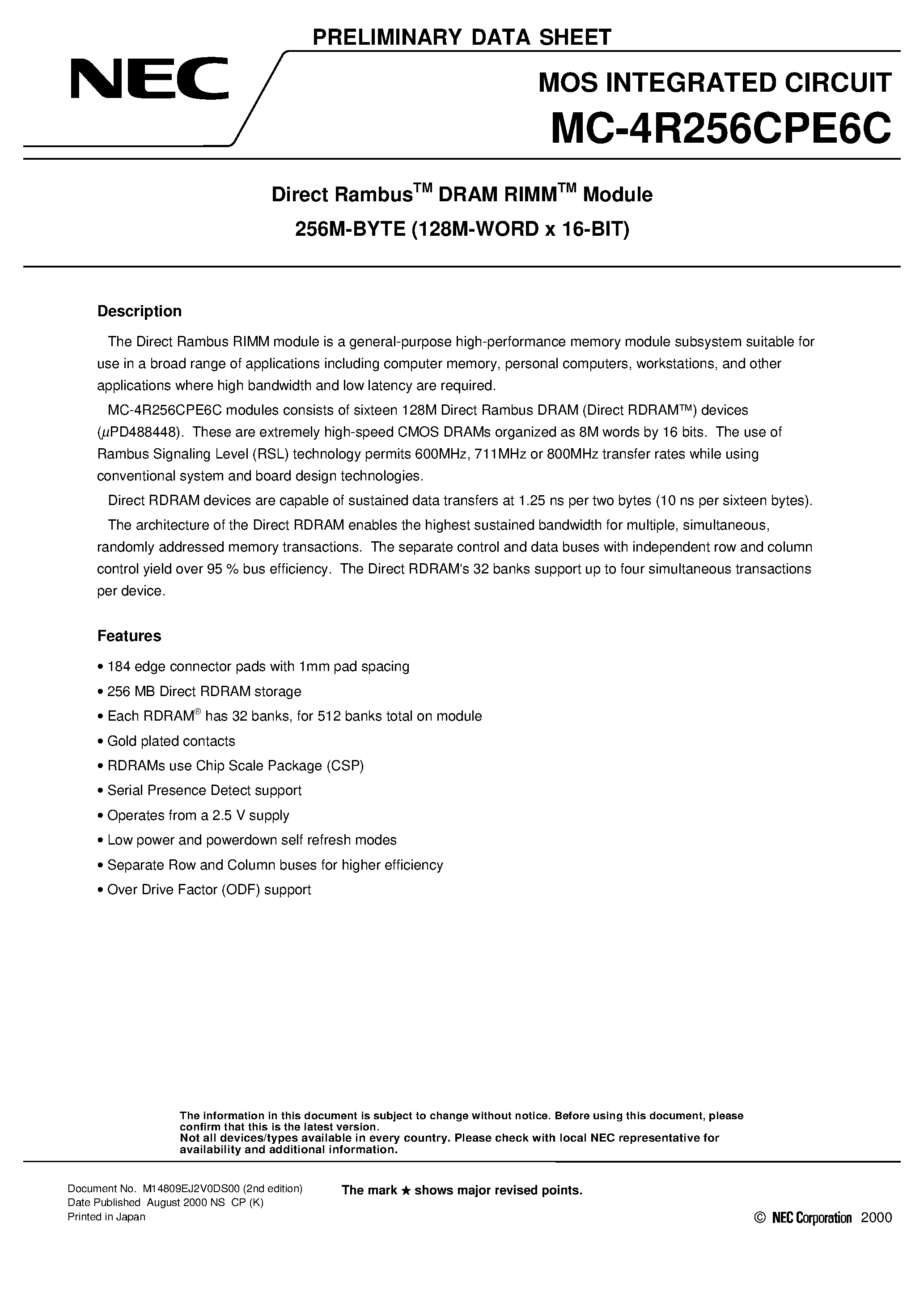 Datasheet MC-4R256CPE6C - Direct Rambus DRAM RIMM Module 256M-BYTE 128M-WORD x 16-BIT page 1