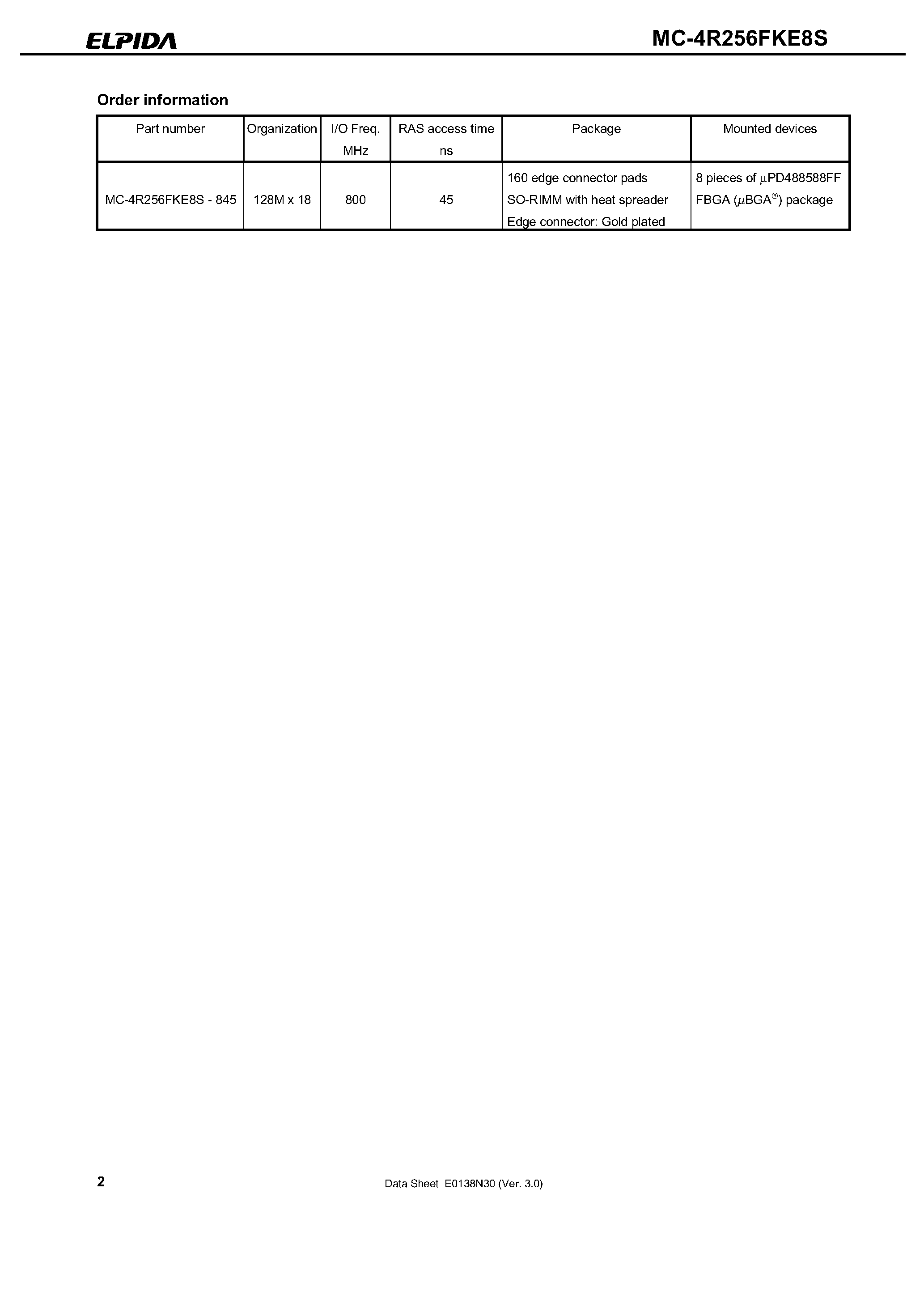 Datasheet MC-4R256FKE8S page 2 Datasheet MC-4R256FKE8S - Direct Rambus DRAM SO-RIMM Module 256M-BYTE (128M-WORD x 18-BIT) page 2