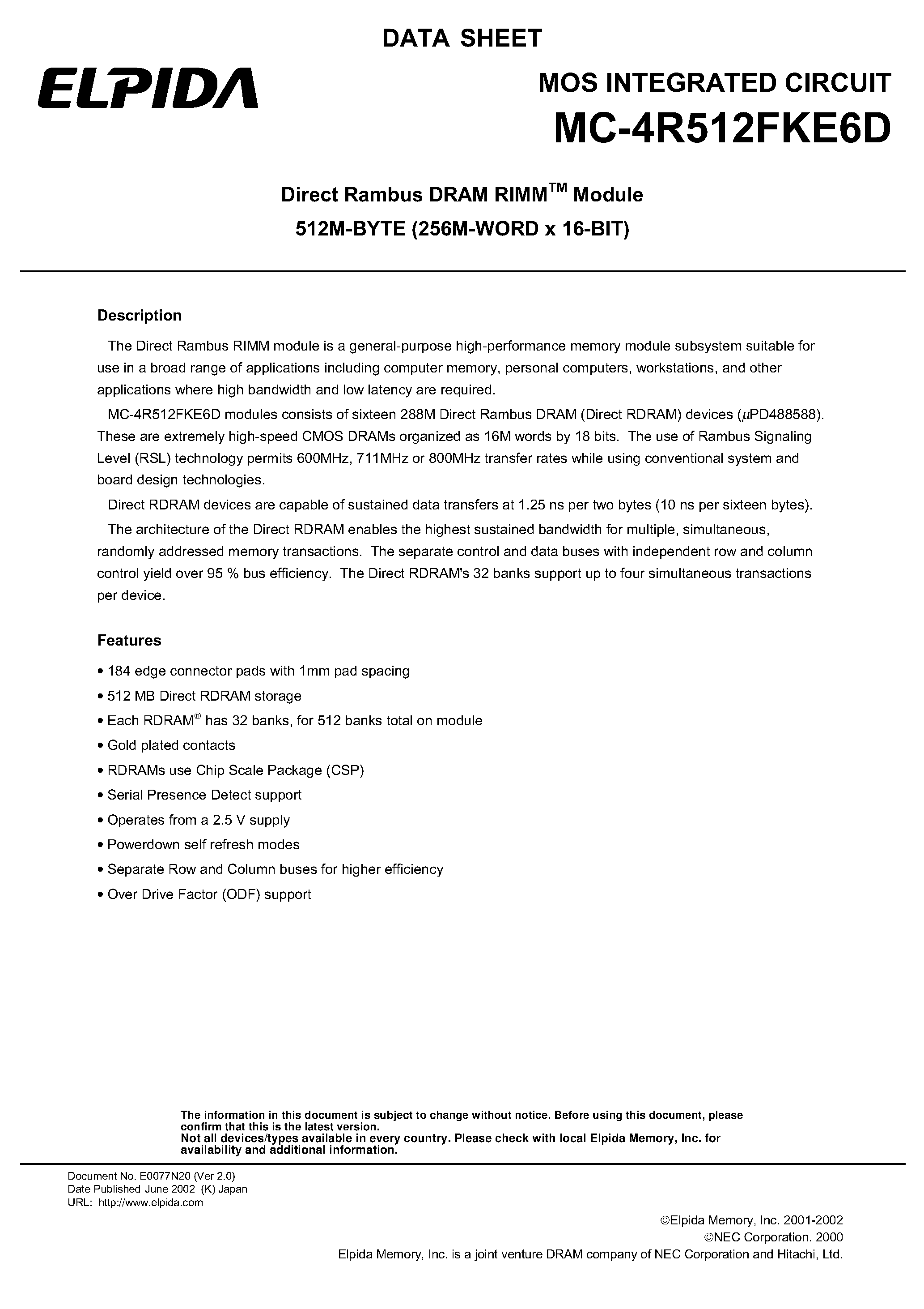 Datasheet MC-4R512FKE6D - Direct Rambus DRAM RIMM Module 512M-BYTE (256M-WORD x 16-BIT) page 1