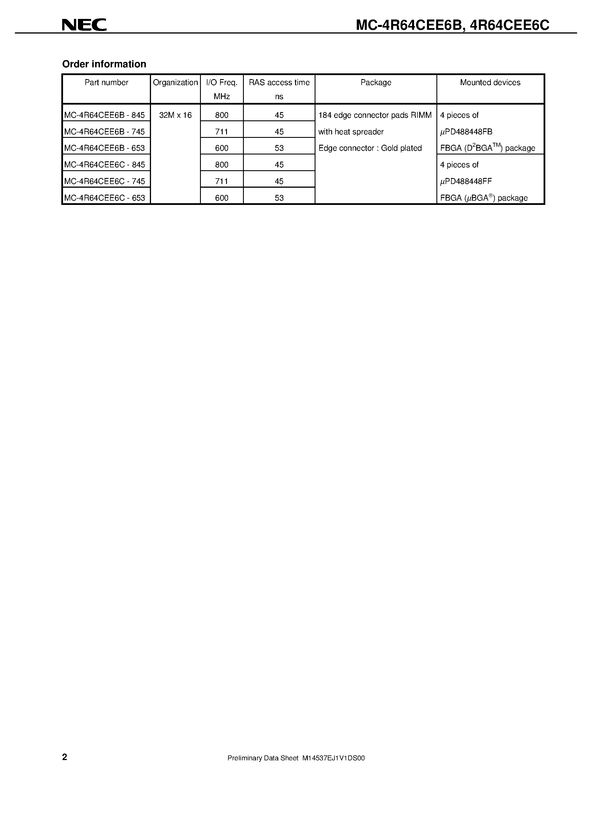 Datasheet MC-4R64CEE6B - Direct Rambus DRAM RIMM Module 64M-BYTE 32M-WORD x 16-BIT page 2
