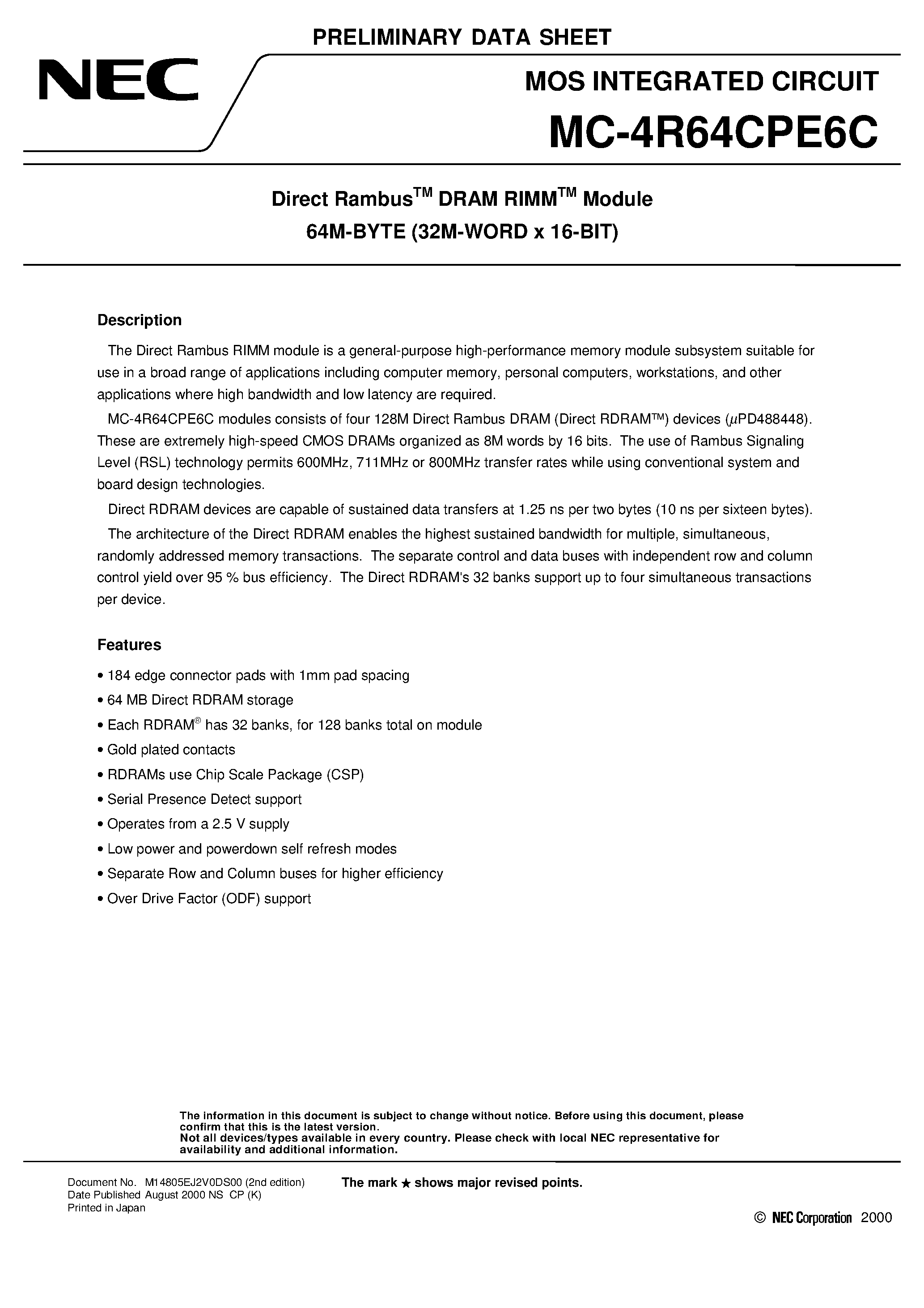Даташит MC-4R64CPE6C - Direct Rambus DRAM RIMM Module 64M-BYTE 32M-WORD x 16-BIT страница 1