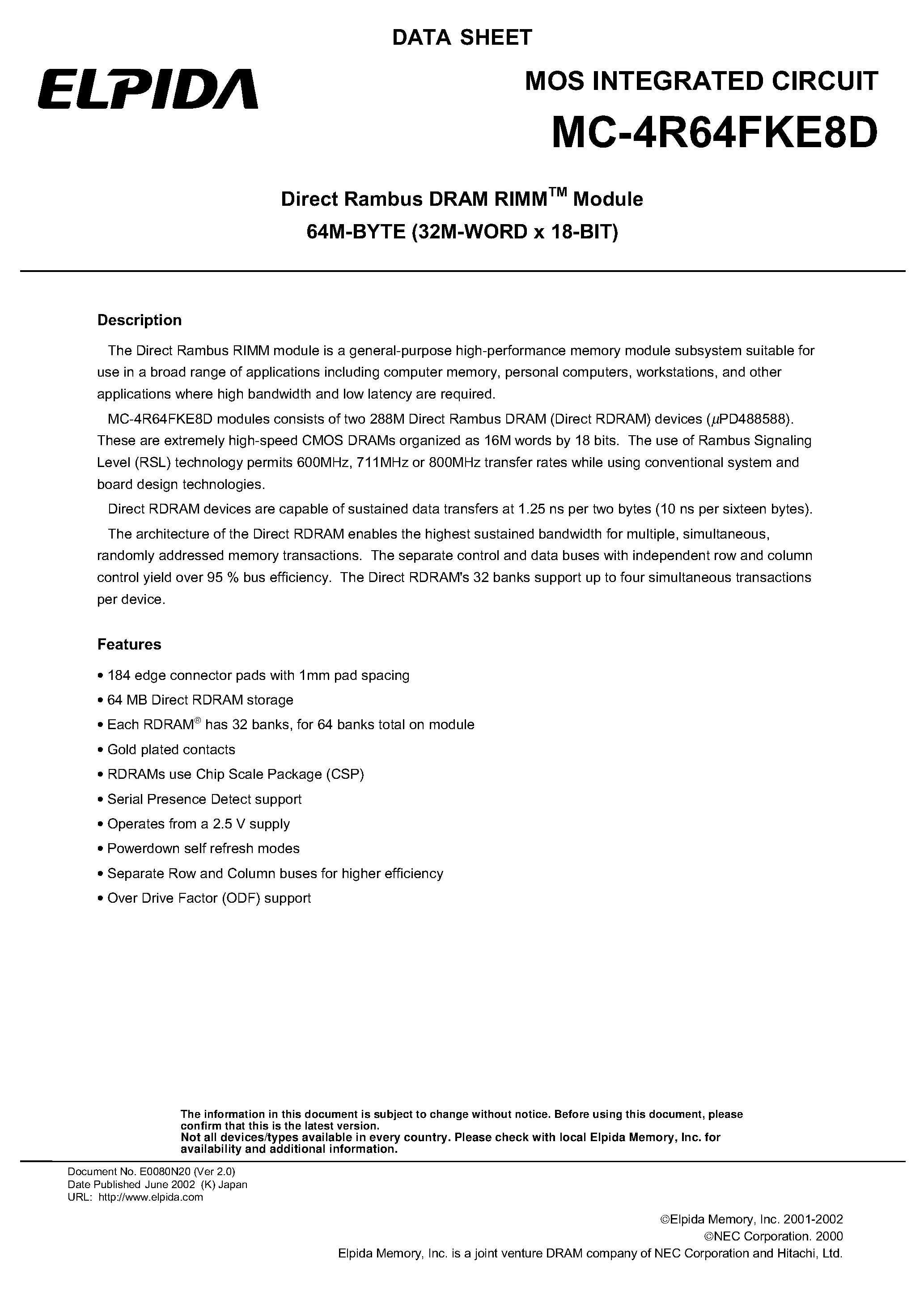Datasheet MC-4R64FKE8D - Direct Rambus DRAM RIMM Module 64M-BYTE (32M-WORD x 18-BIT) page 1