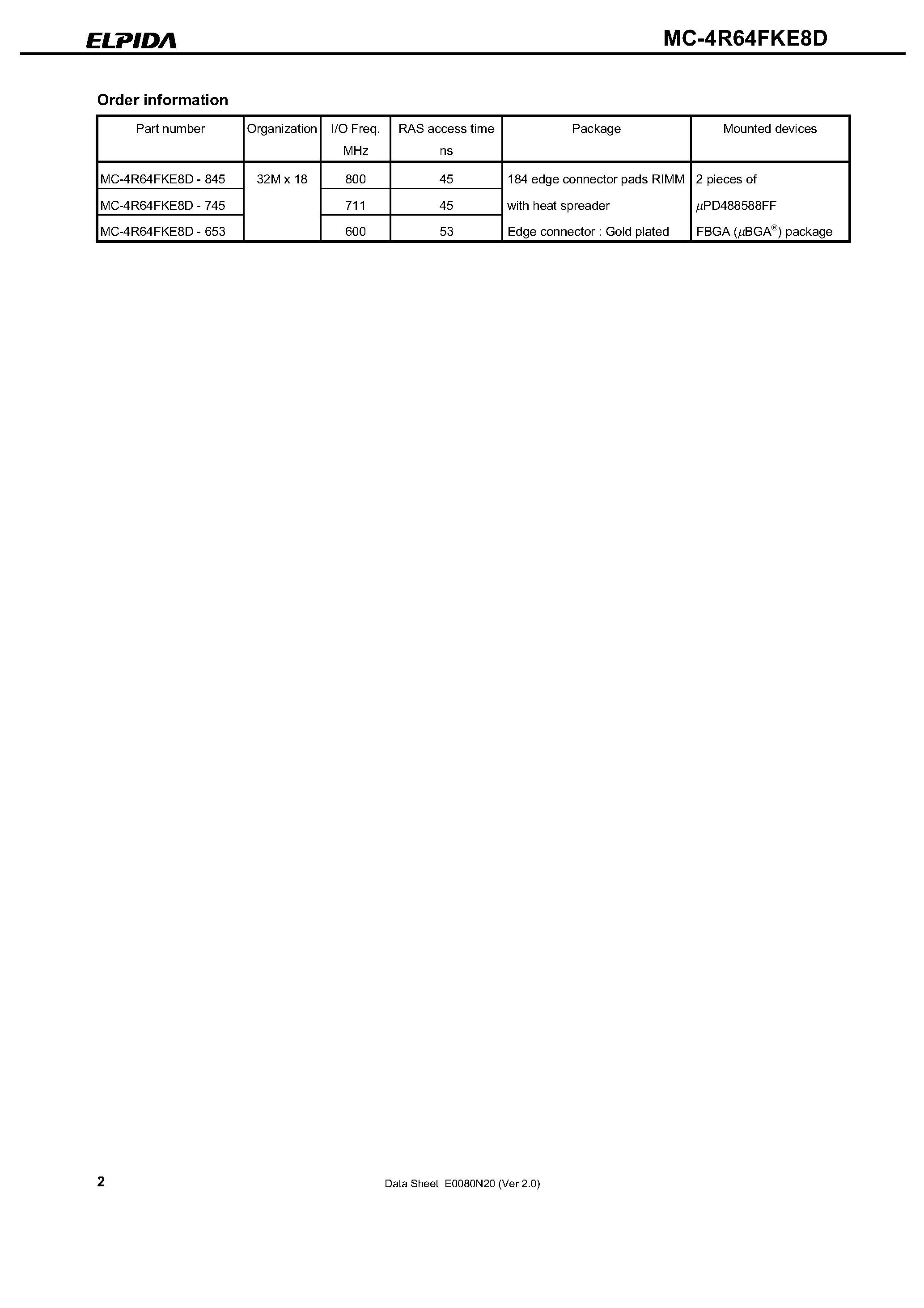 Datasheet MC-4R64FKE8D - Direct Rambus DRAM RIMM Module 64M-BYTE (32M-WORD x 18-BIT) page 2