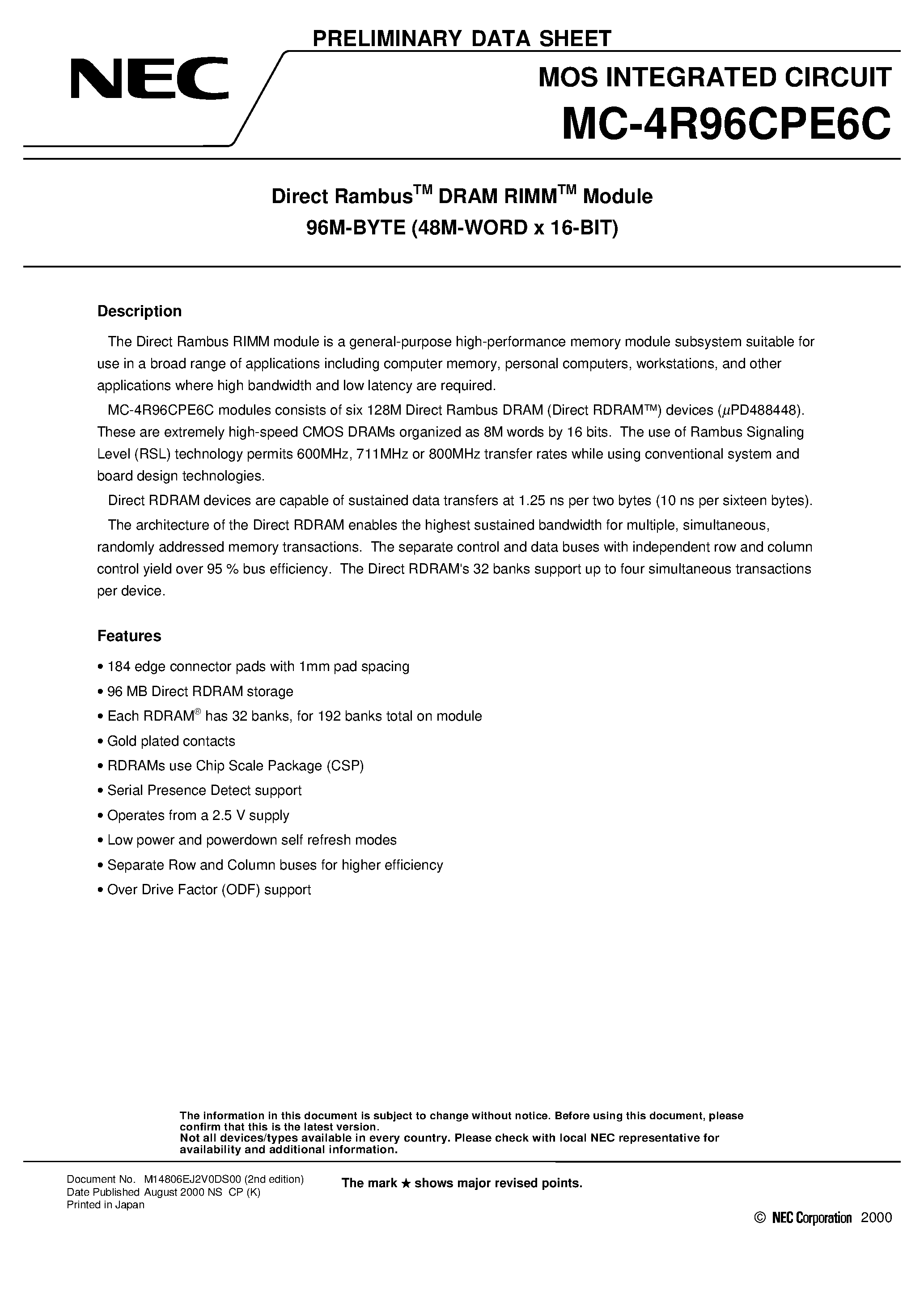 Datasheet MC-4R96CPE6C - Direct Rambus DRAM RIMM Module 96M-BYTE 48M-WORD x 16-BIT page 1