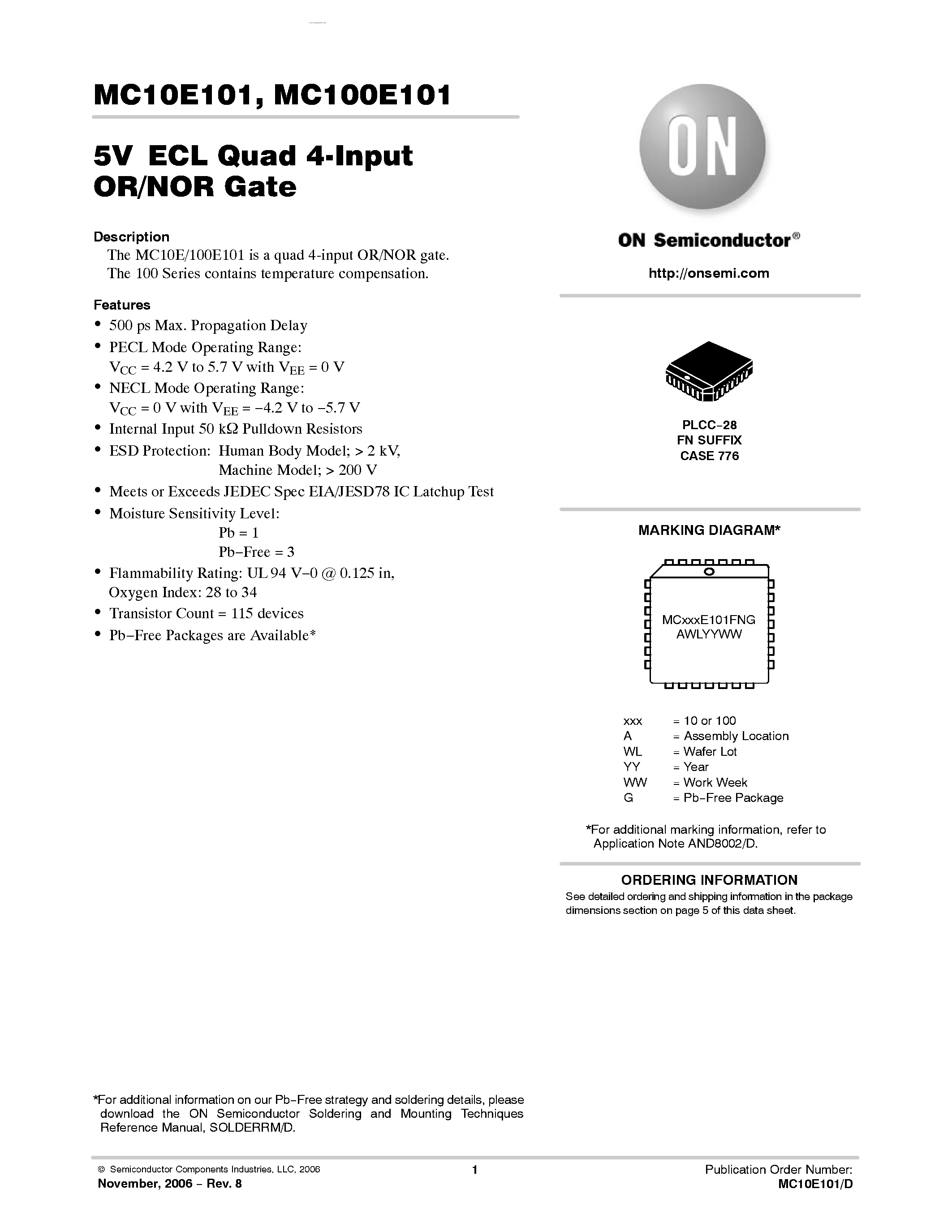 Даташит MC100E101 - QUAD 4-INPUT OR/NOR GATE страница 1