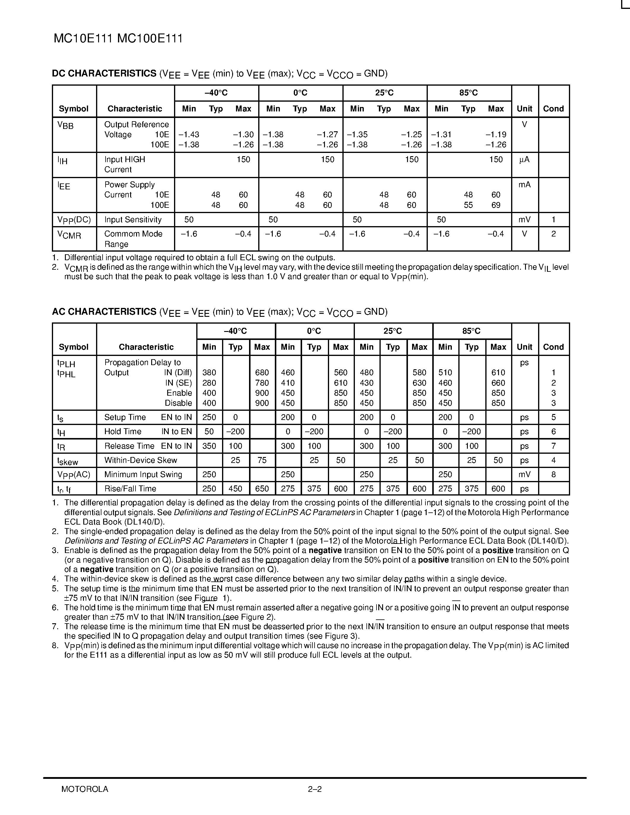 Datasheet MC100E111FN - 1:9 DIFFERENTIAL CLOCK DRIVER page 2
