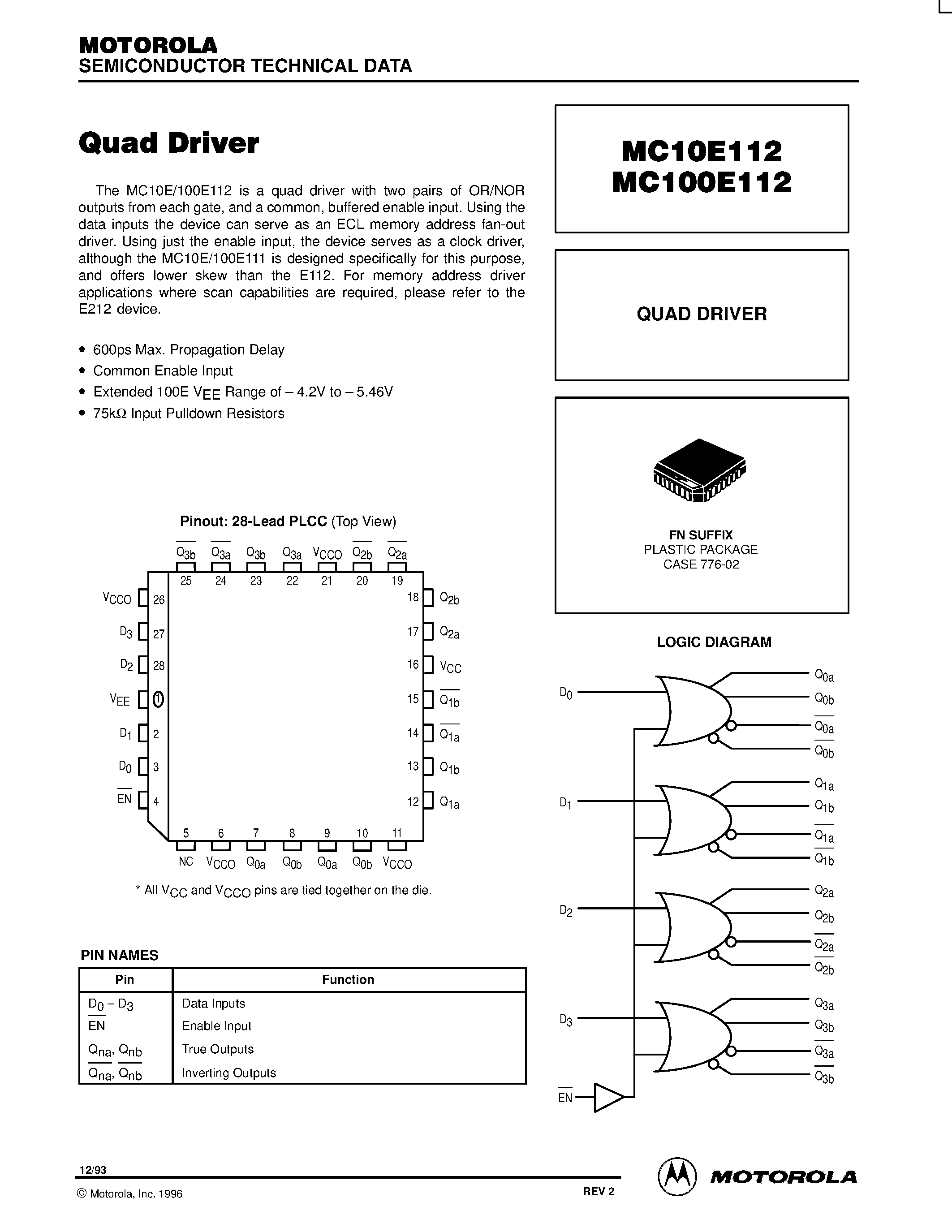 Даташит MC100E112 - QUAD DRIVER страница 1