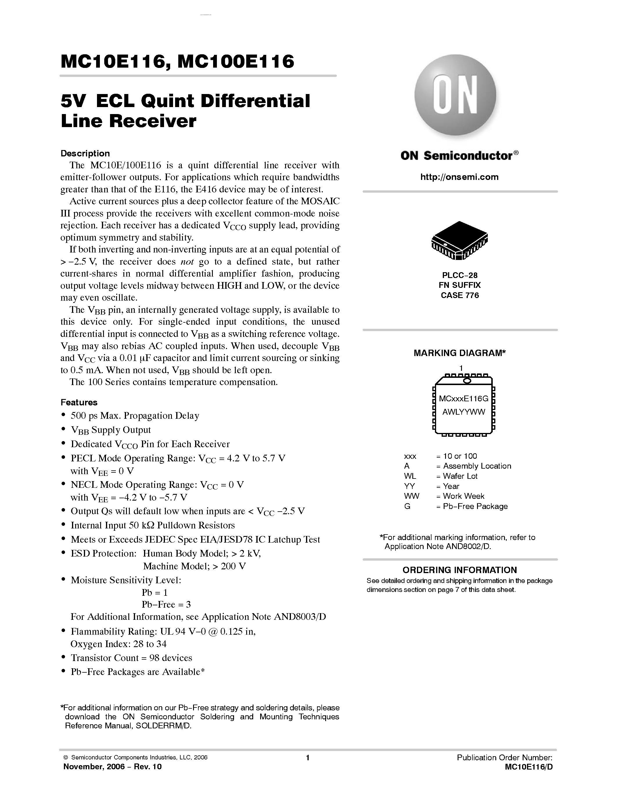 Datasheet MC100E116 page 1 Datasheet MC100E116 - QUINT DIFFERENTIAL LINE RECEIVER page 1