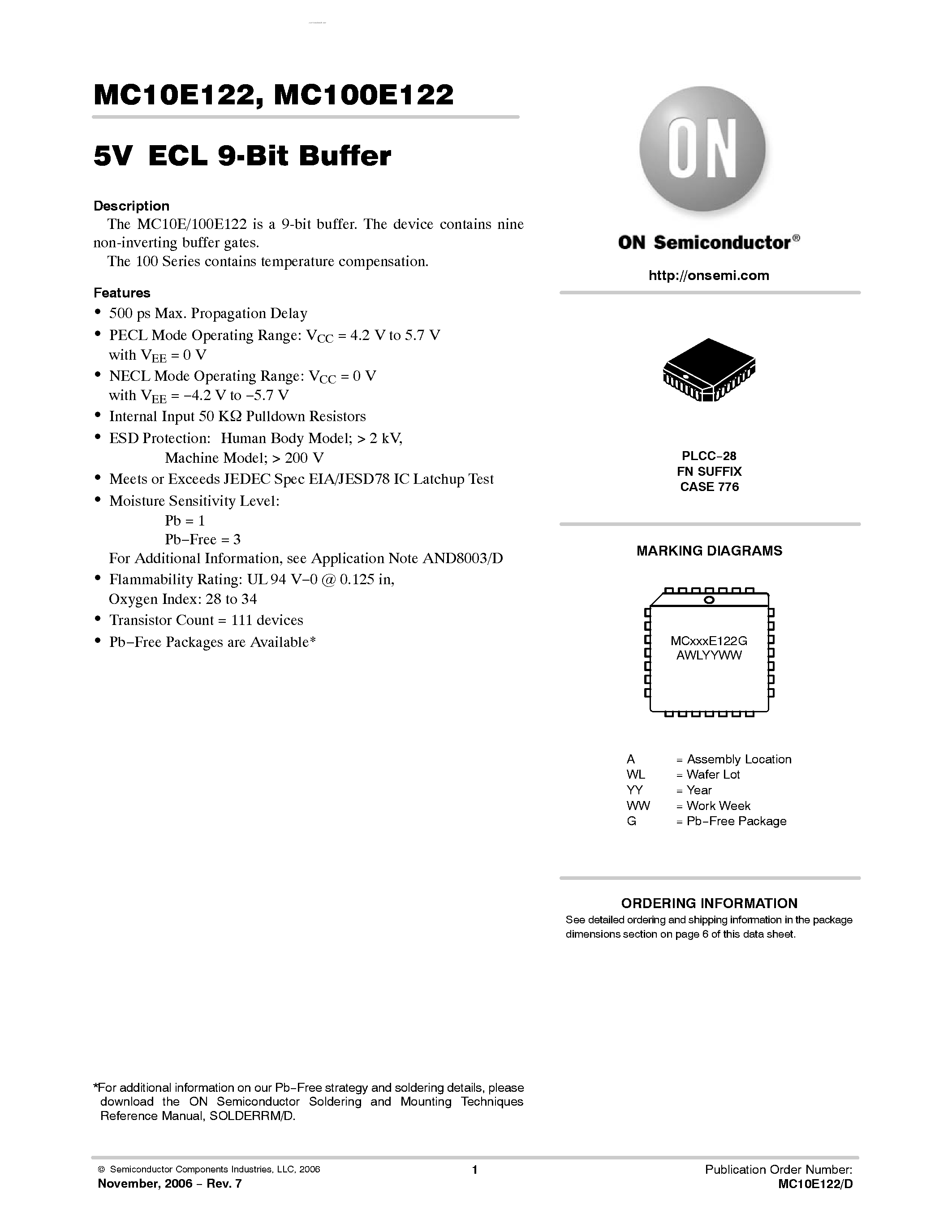 Datasheet MC100E122 page 1 Datasheet MC100E122 - 9-BIT BUFFER page 1