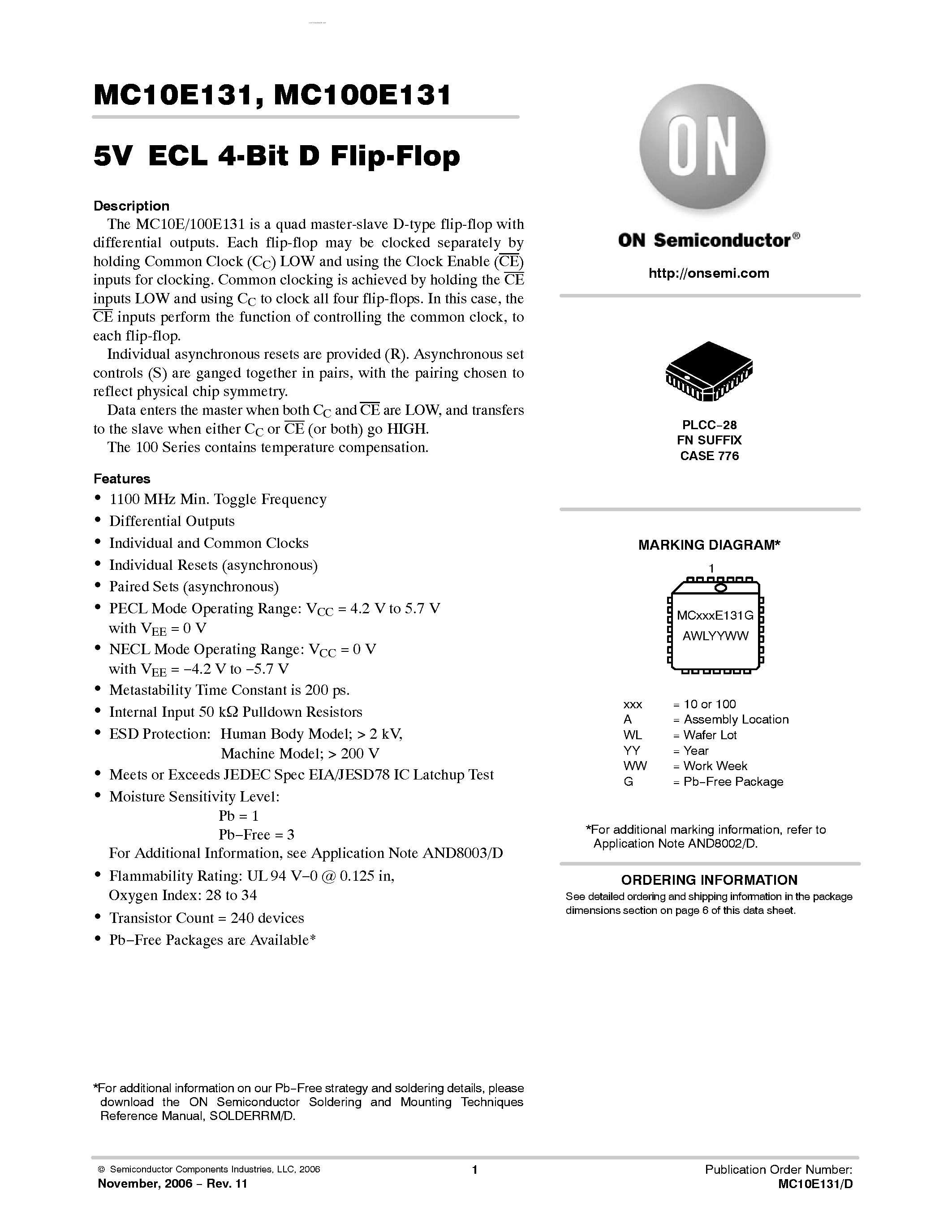 Datasheet MC100E131 page 1 Datasheet MC100E131 - 4-BIT D FLIP-FLOP page 1