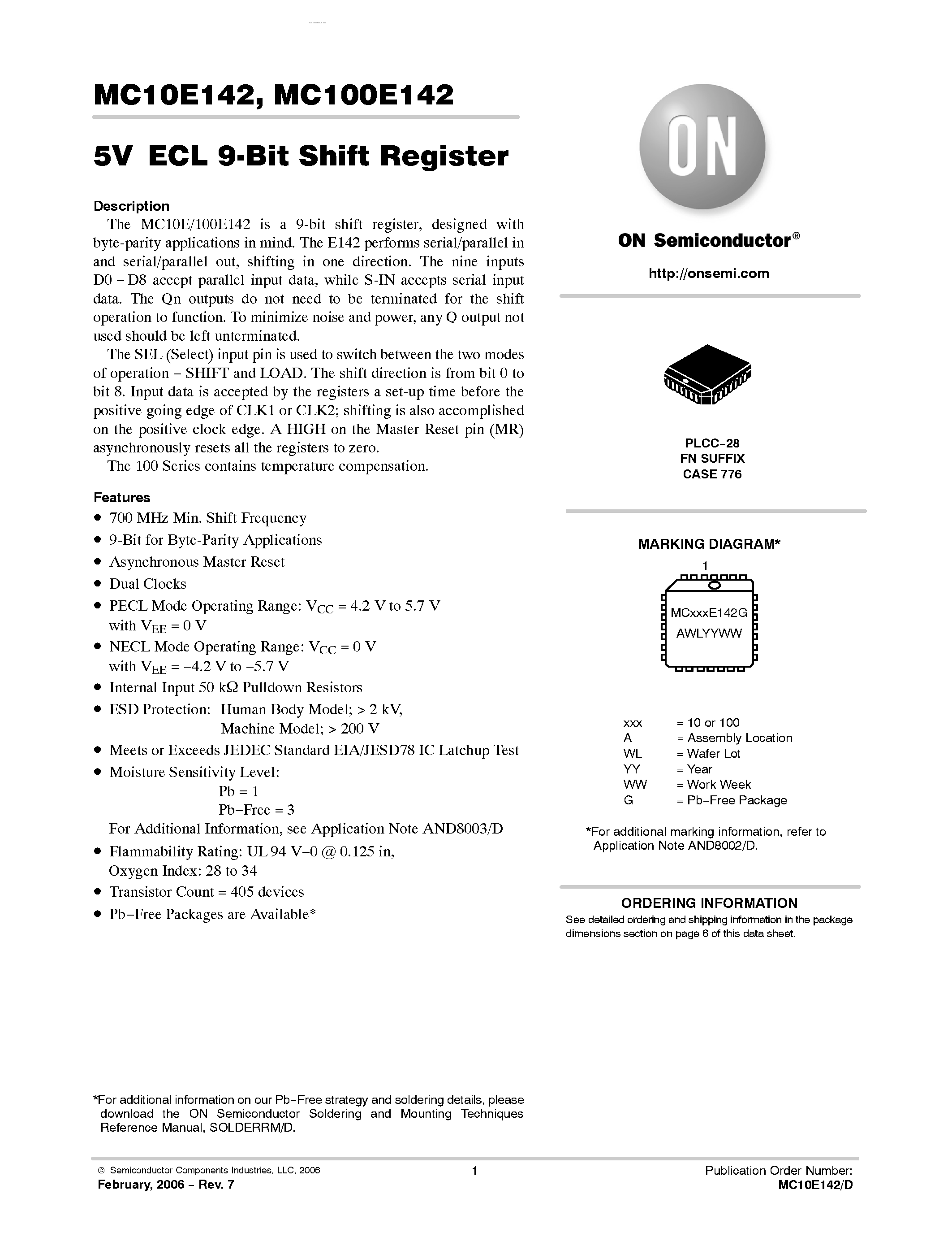 Даташит MC100E142 - 9-BIT SHIFT REGISTER страница 1