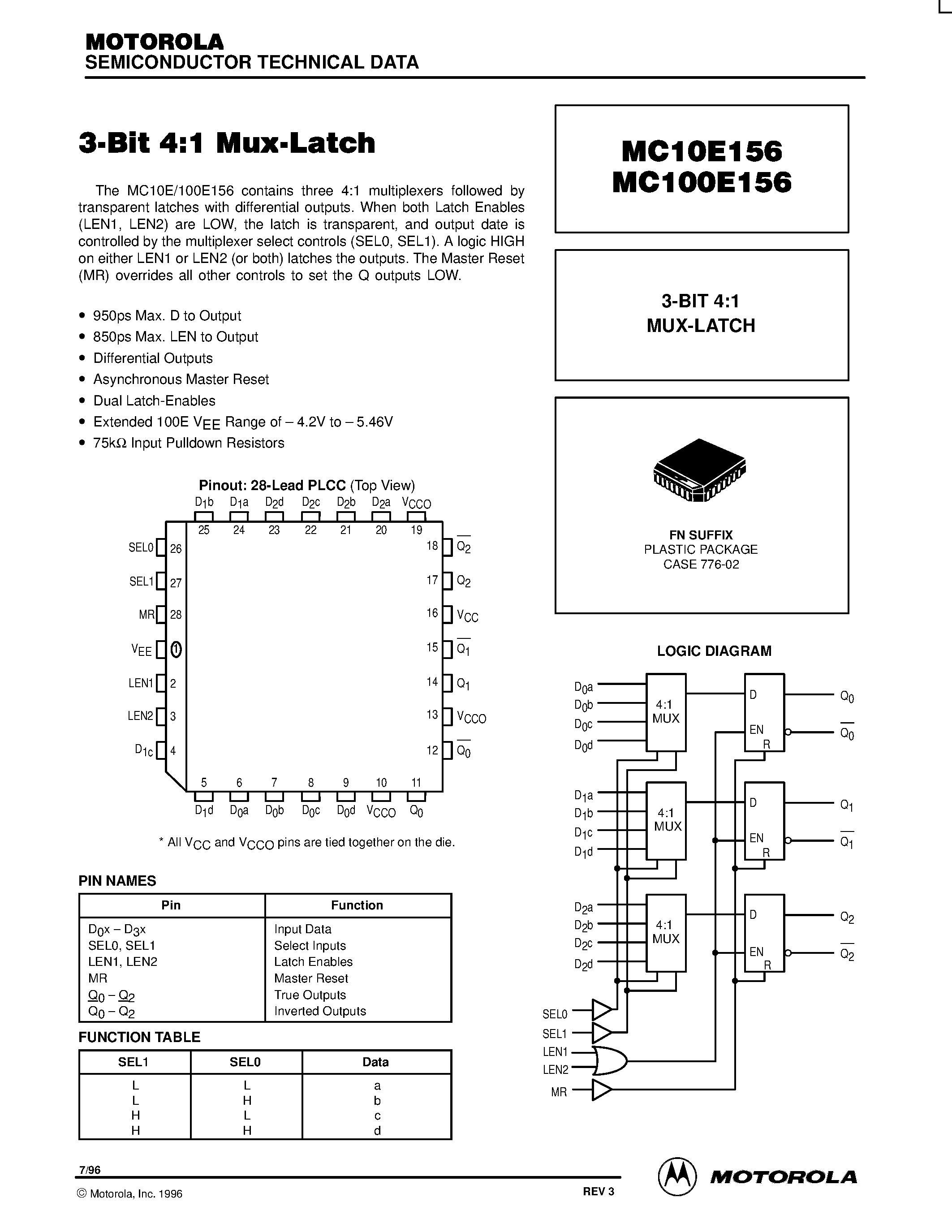 Даташит MC100E156FN - 3-BIT 4:1 MUX-LATCH страница 1