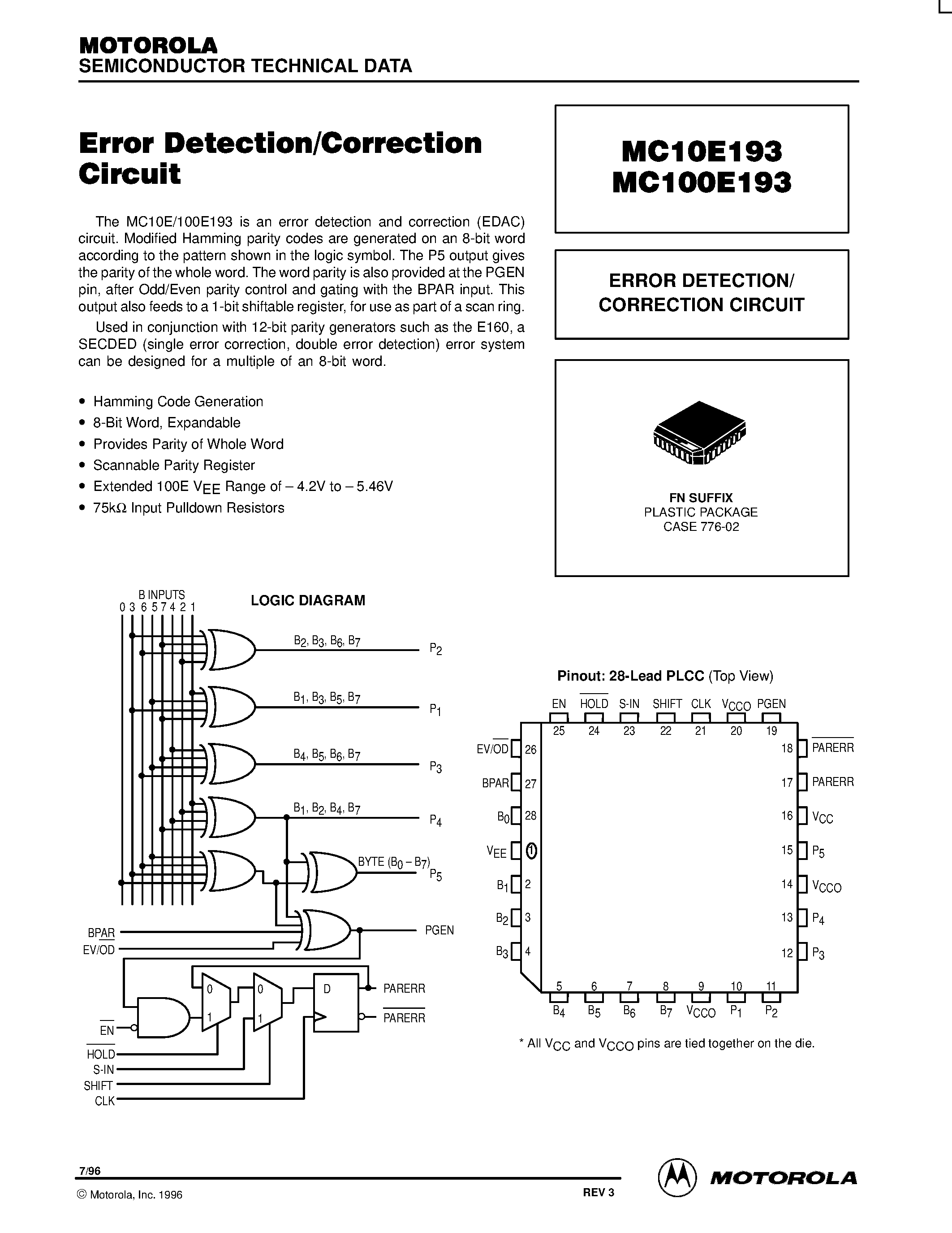 Datasheet MC100E193 - ERROR DETECTION/ CORRECTION CIRCUIT page 1