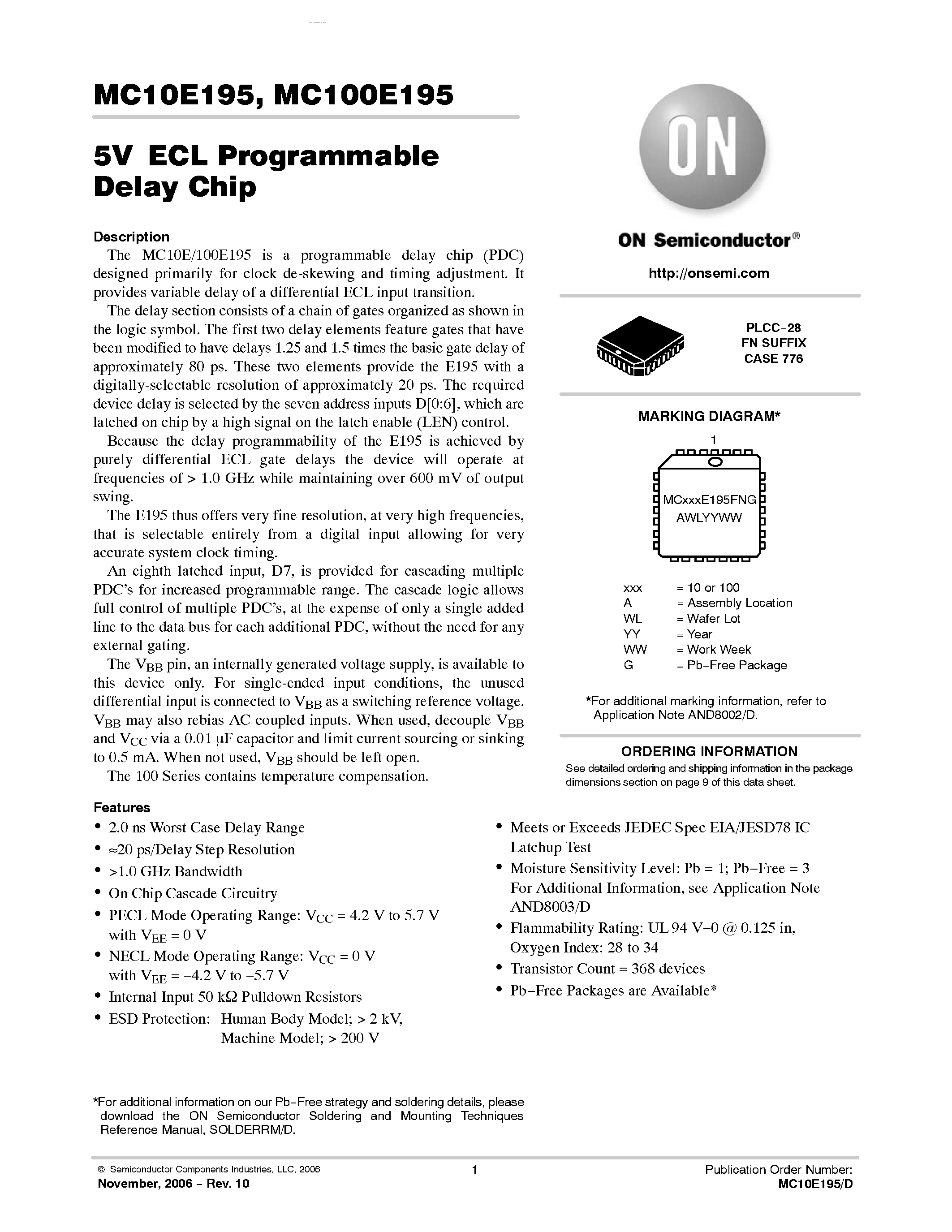 Datasheet MC100E195 - PROGRAMMABLE DELAY CHIP page 1