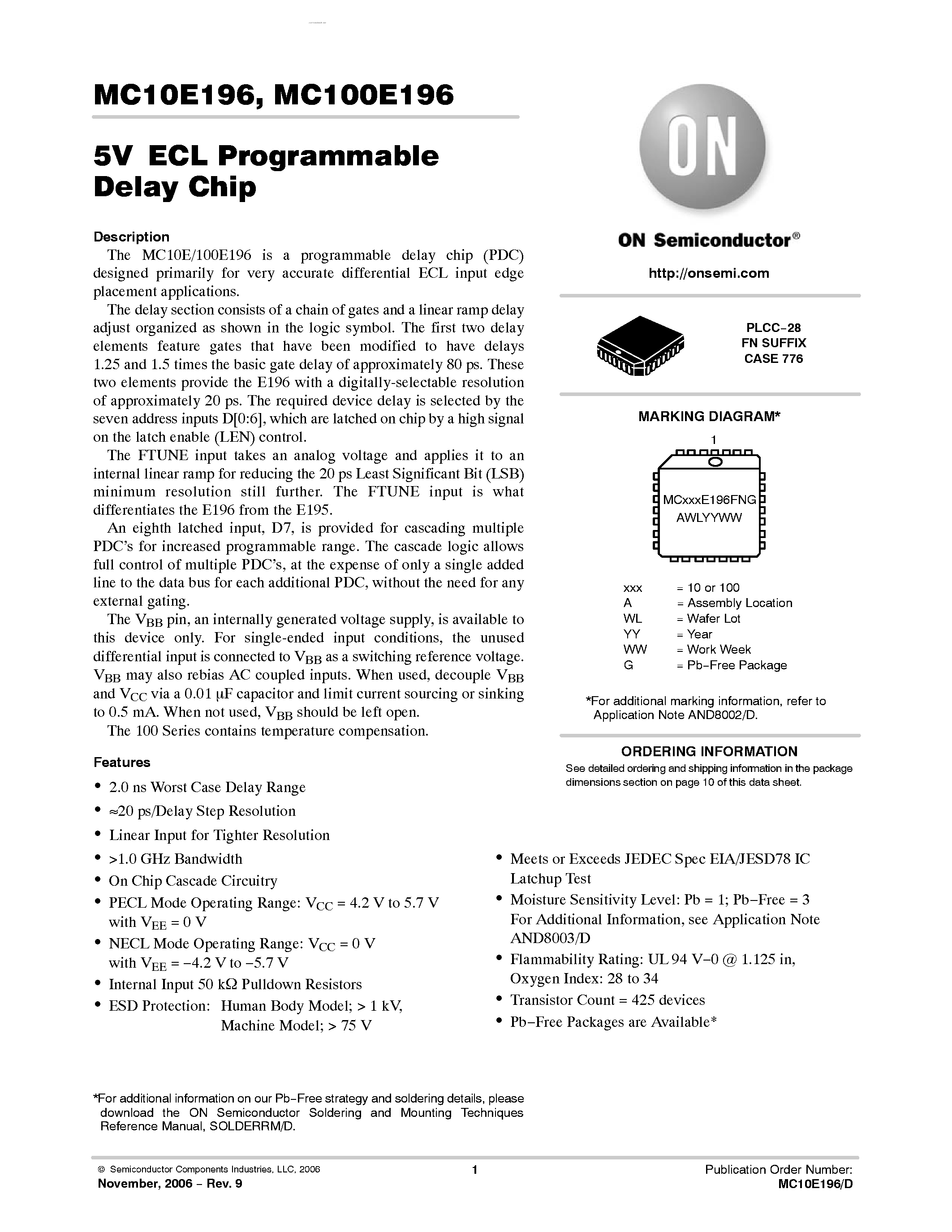 Datasheet MC100E196 - PROGRAMMABLE DELAY CHIP page 1