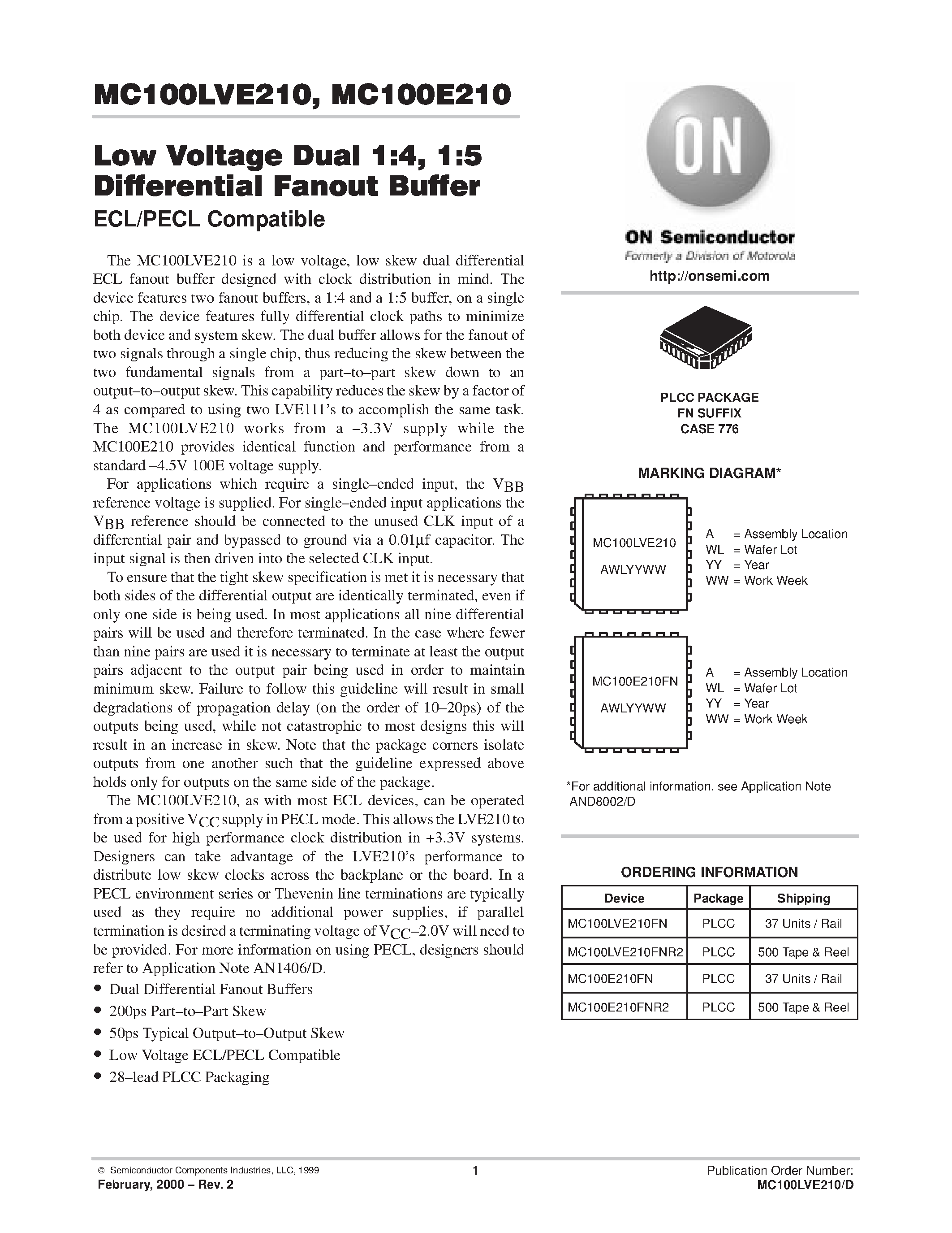Datasheet MC100E210FN - Low Voltage Dual 1:4 / 1:5 Differential Fanout Buffer page 1