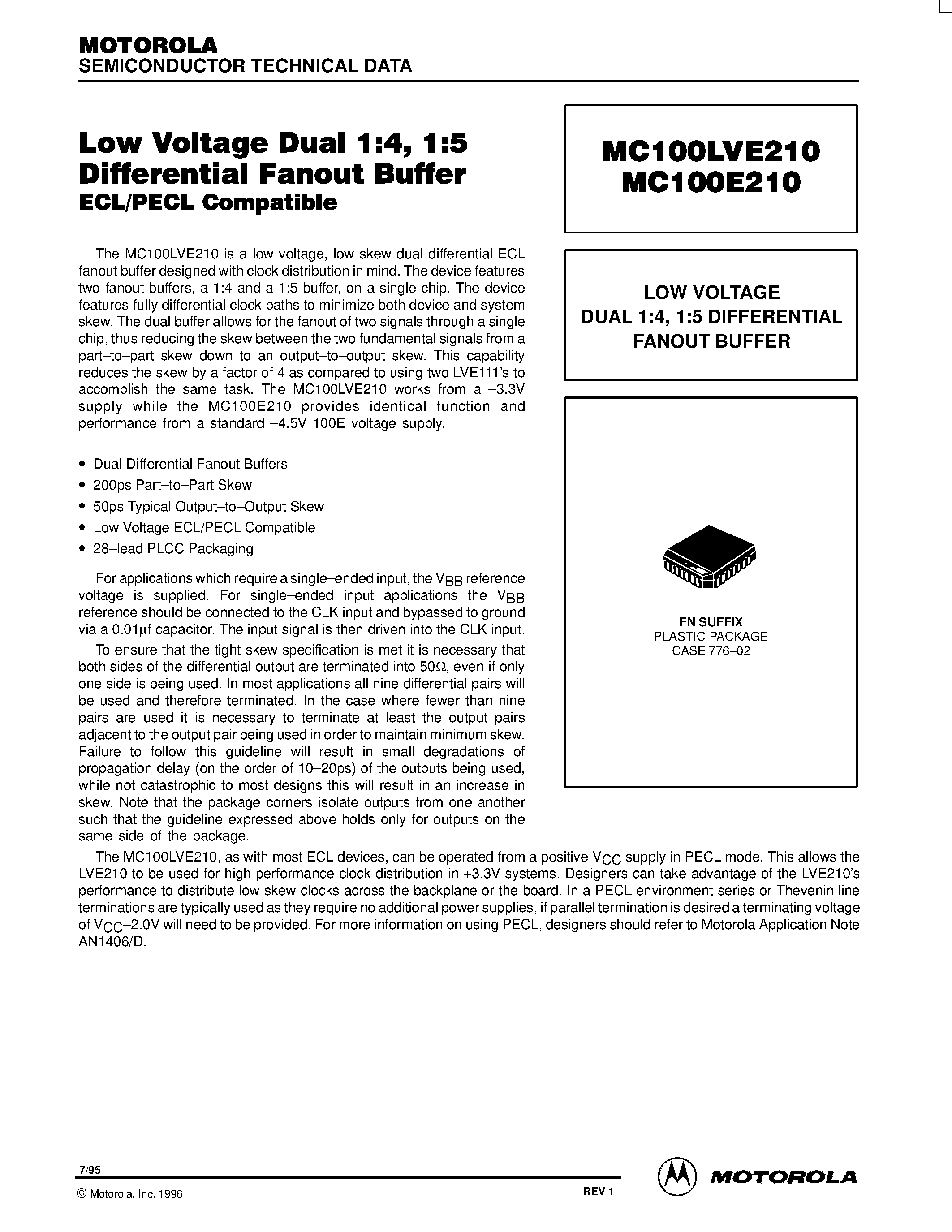 Datasheet MC100E210FN - LOW VOLTAGE DUAL 1:4 / 1:5 DIFFERENTIAL FANOUT BUFFER page 1