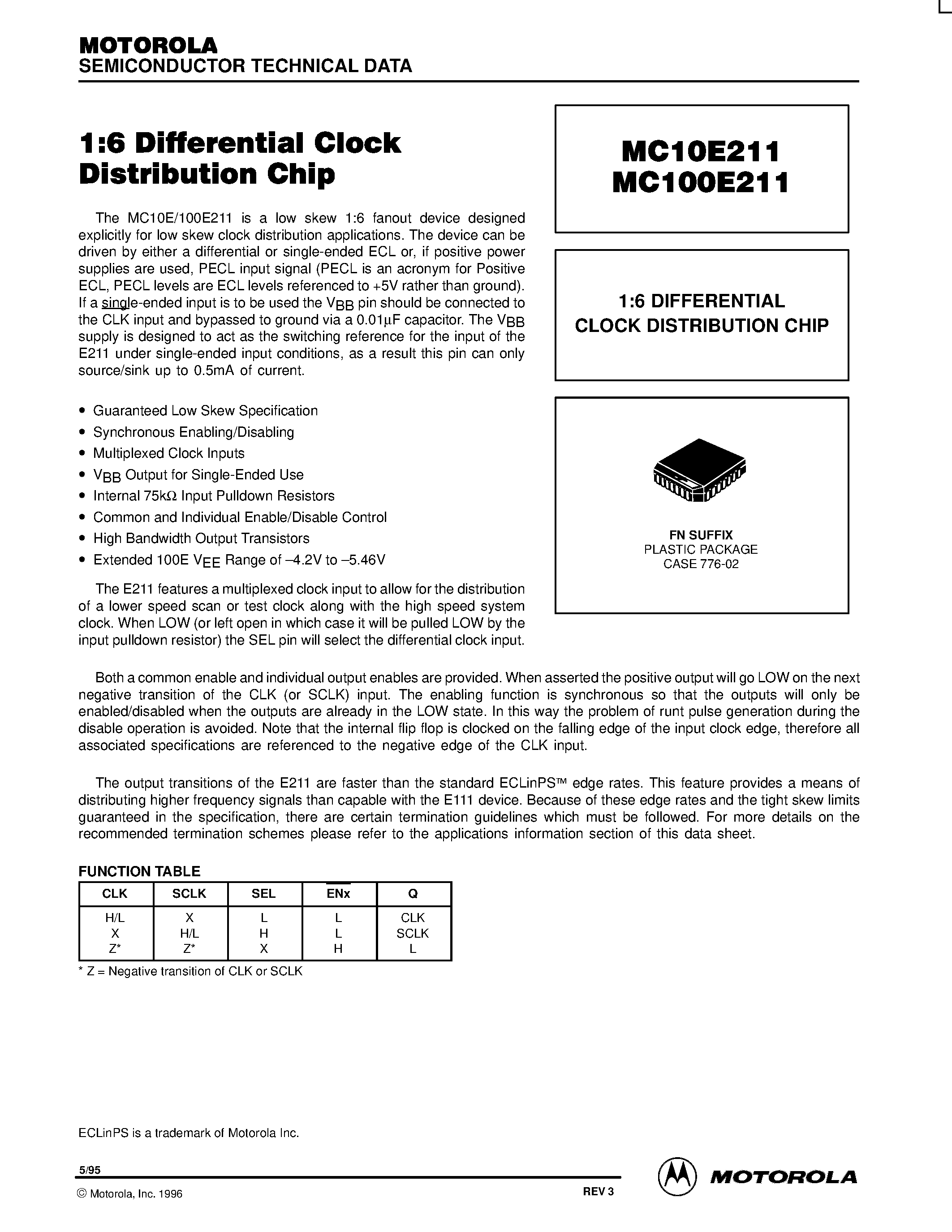 Datasheet MC100E211FN - 1:6 DIFFERENTIAL CLOCK DISTRIBUTION CHIP page 1