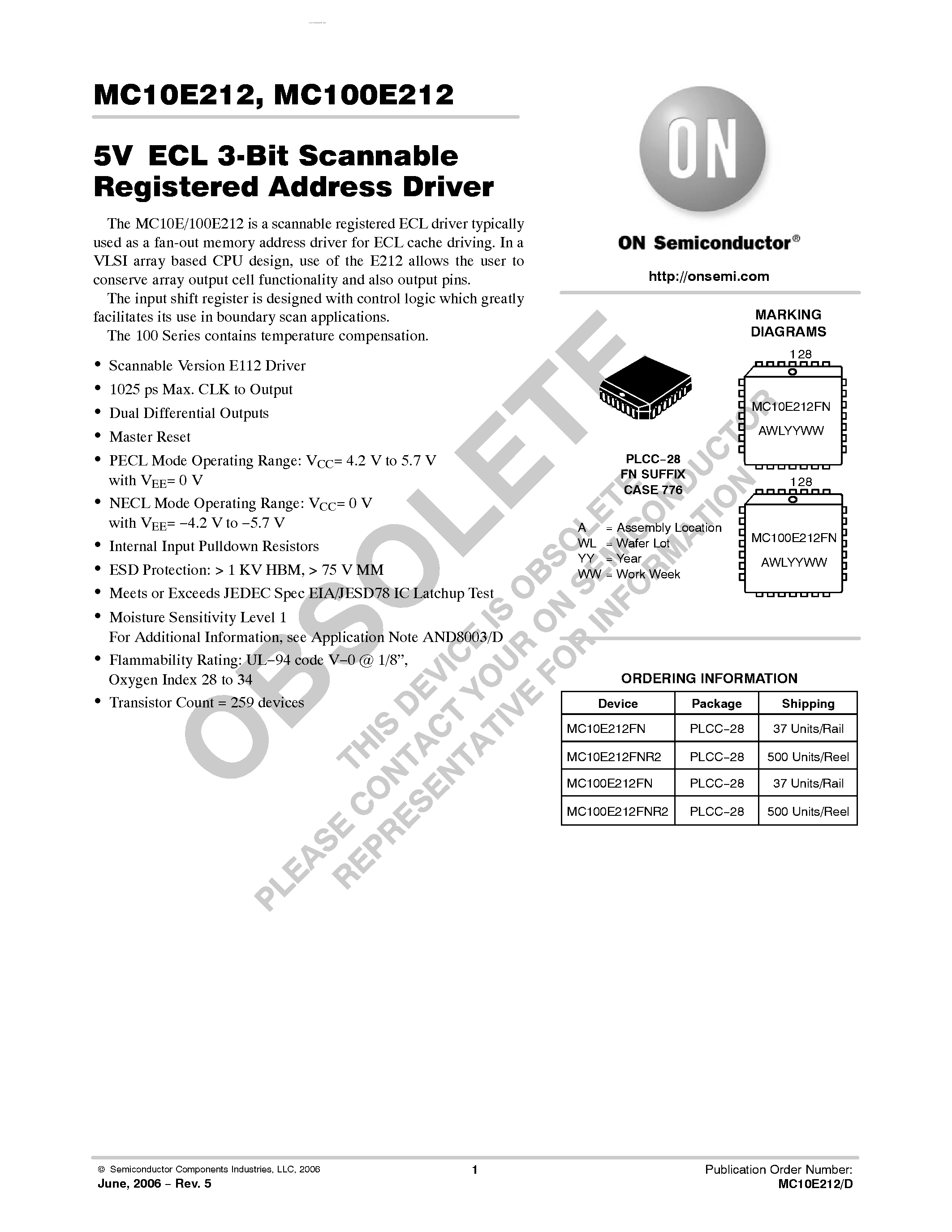 Datasheet MC100E212 - 3-BIT SCANNABLE REGISTERED ADDRESS DRIVER page 1
