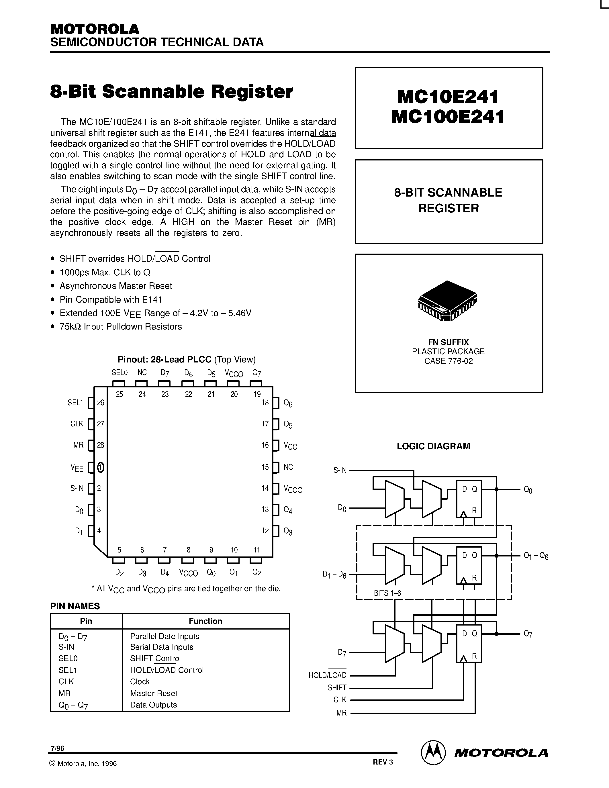 Datasheet MC100E241FN - 8-BIT SCANNABLE REGISTER page 1